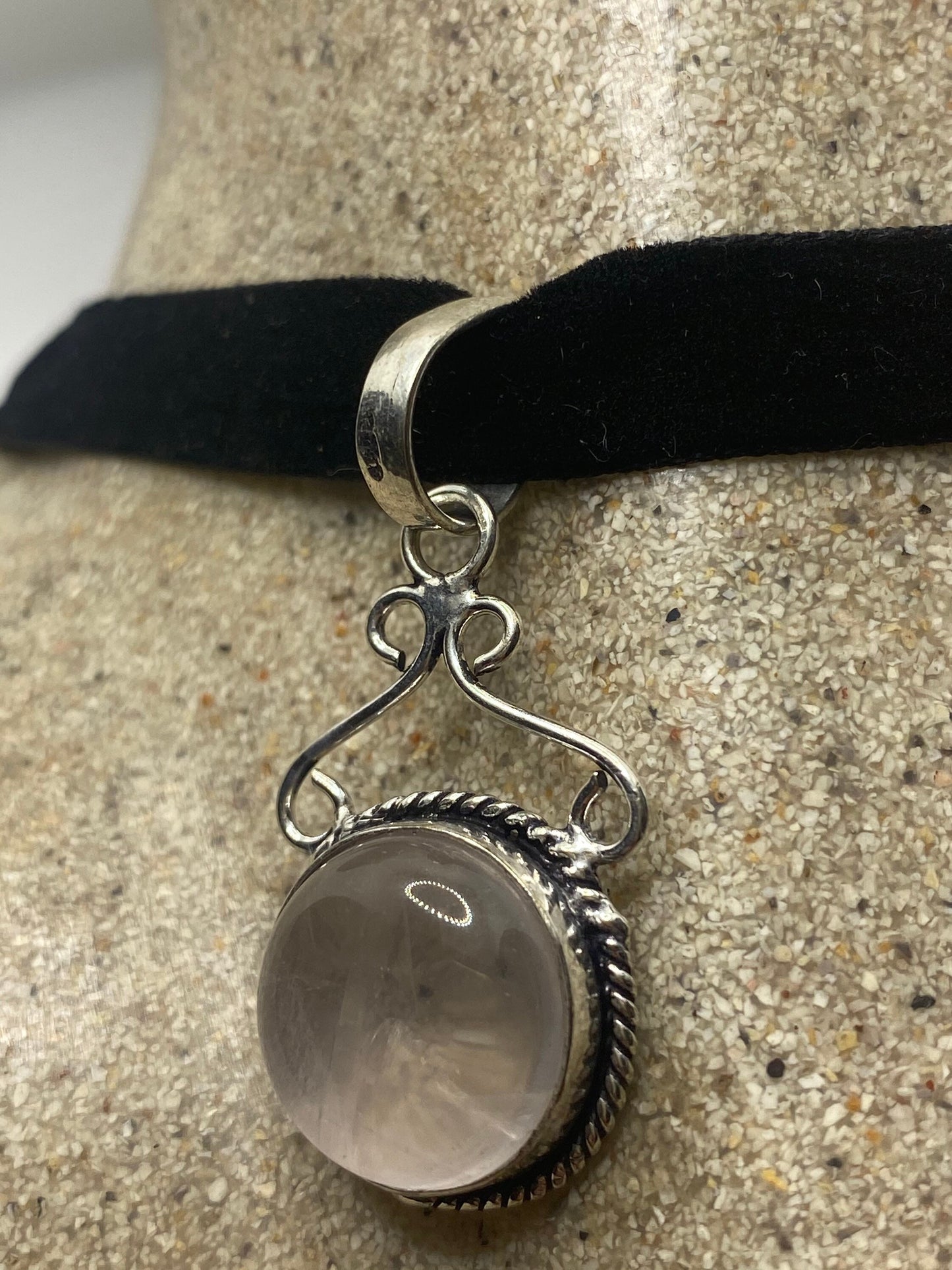 Vintage Handmade Silver Finish Rose Quartz Choker Pendant