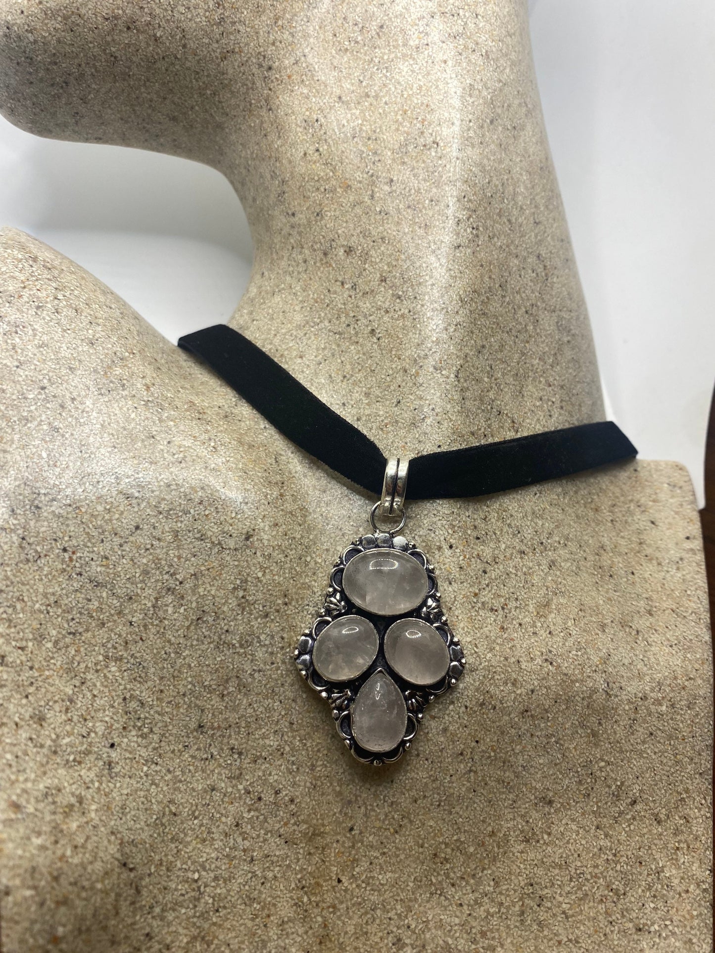 Vintage Handmade Silver Finish Rose Quartz Choker Pendant