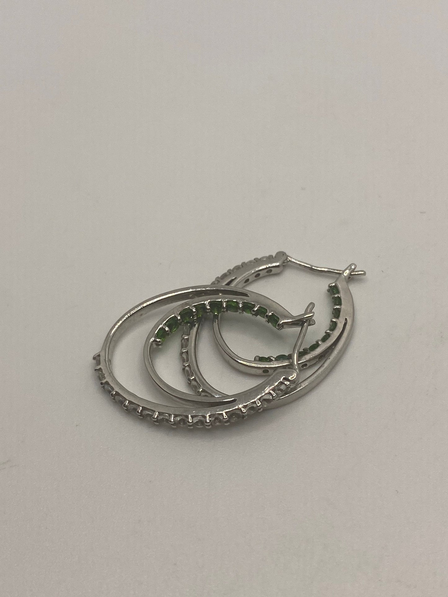 Vintage Handmade 925 Sterling Silver Chrome Diopside Hoop Earrings