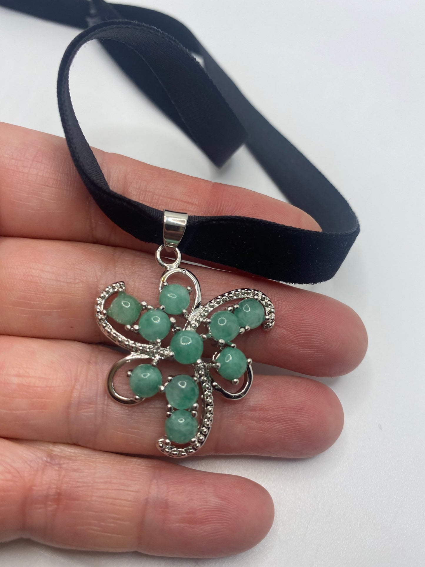 Vintage Green Jade Choker Silver Finish Necklace Pendant