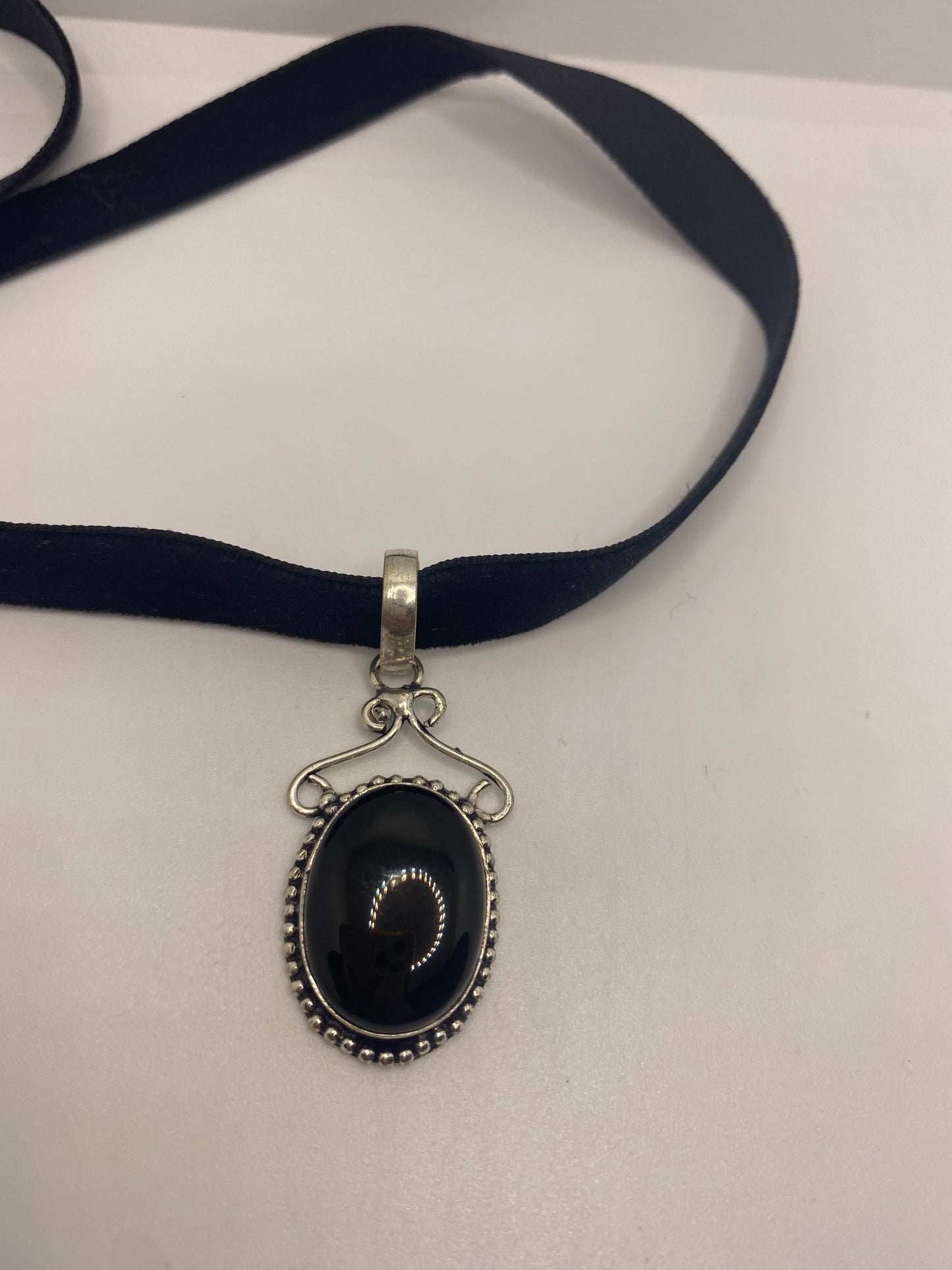 Vintage Silver Genuine Black Onyx Dangle Pendant Necklace