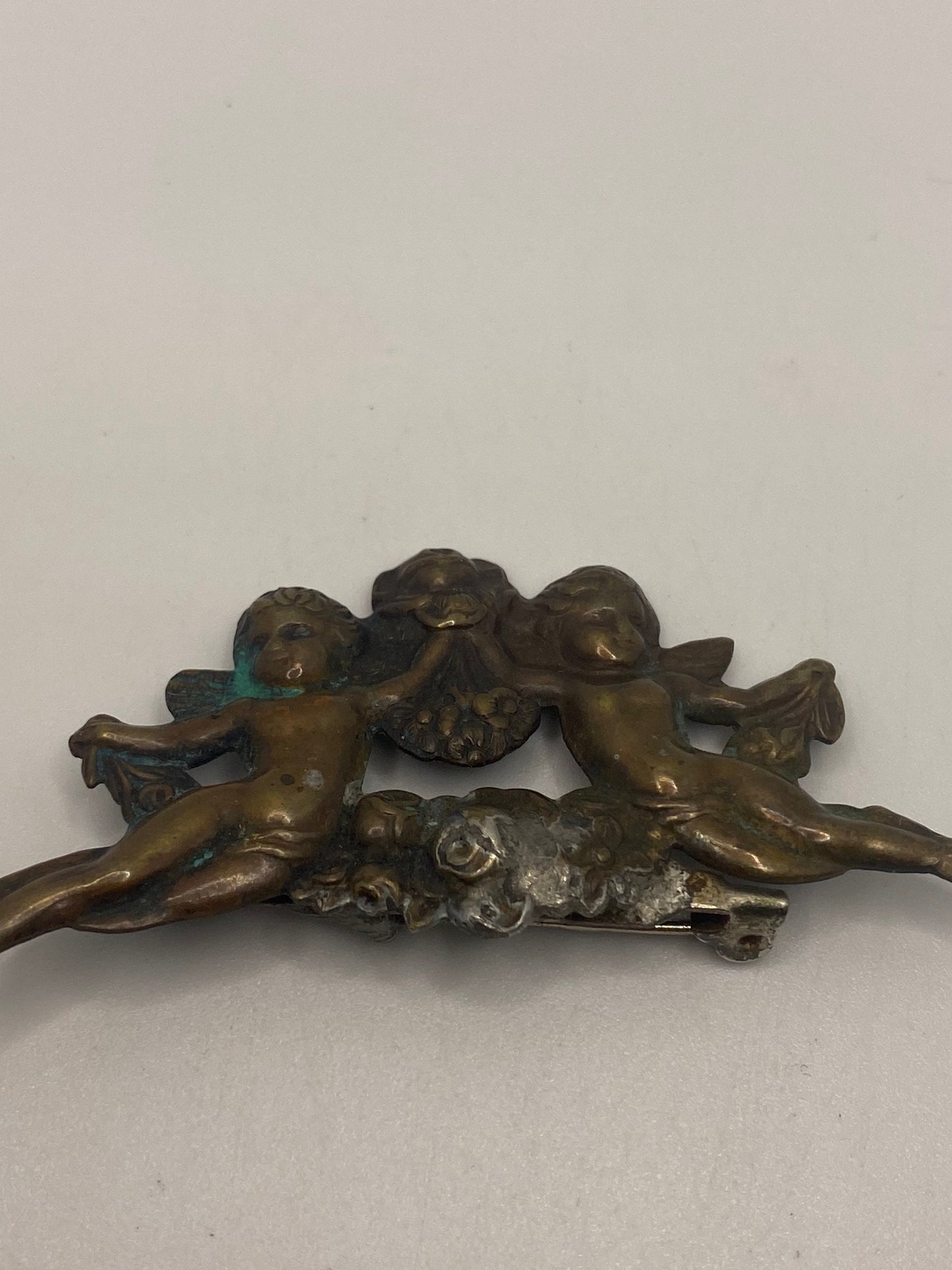 Vintage Deco Bronze Angel Flower Brooch Pin
