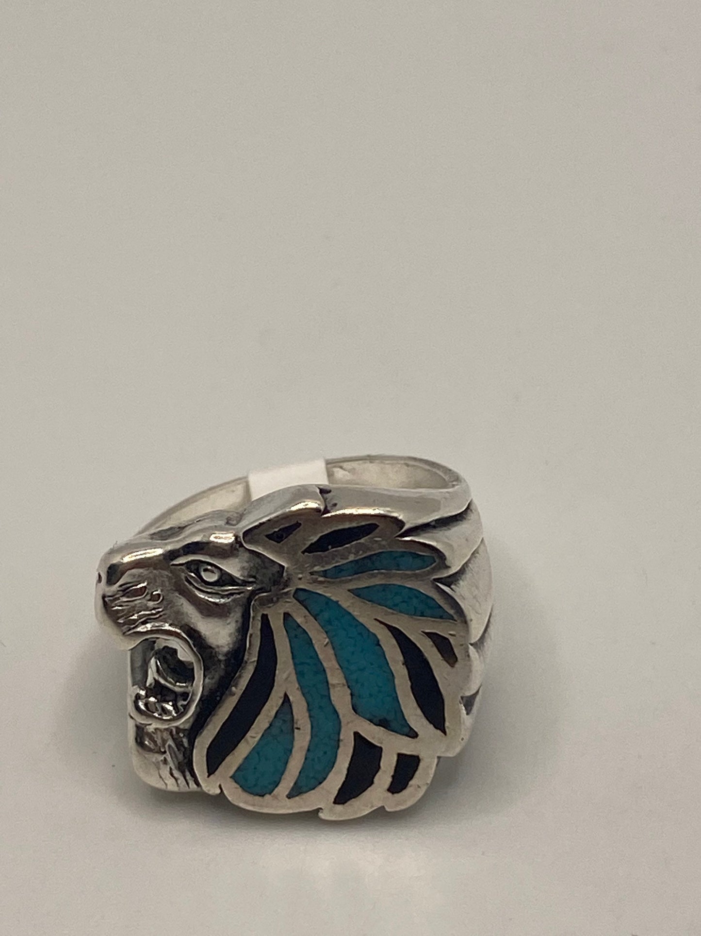 Vintage Silver White Bronze Inlay Turquoise Leo Lion Head Mens Ring
