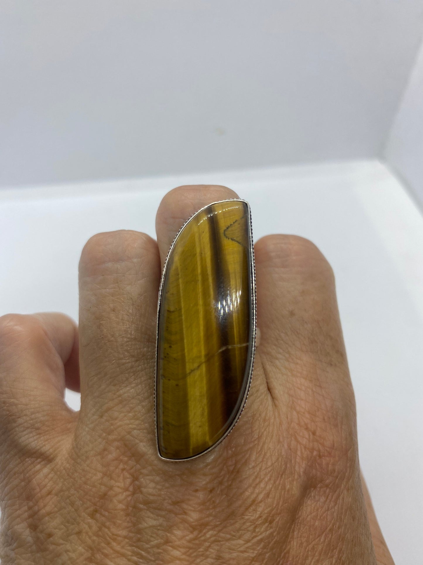 Vintage Tigers Eye Silver Cocktail Ring Size 8