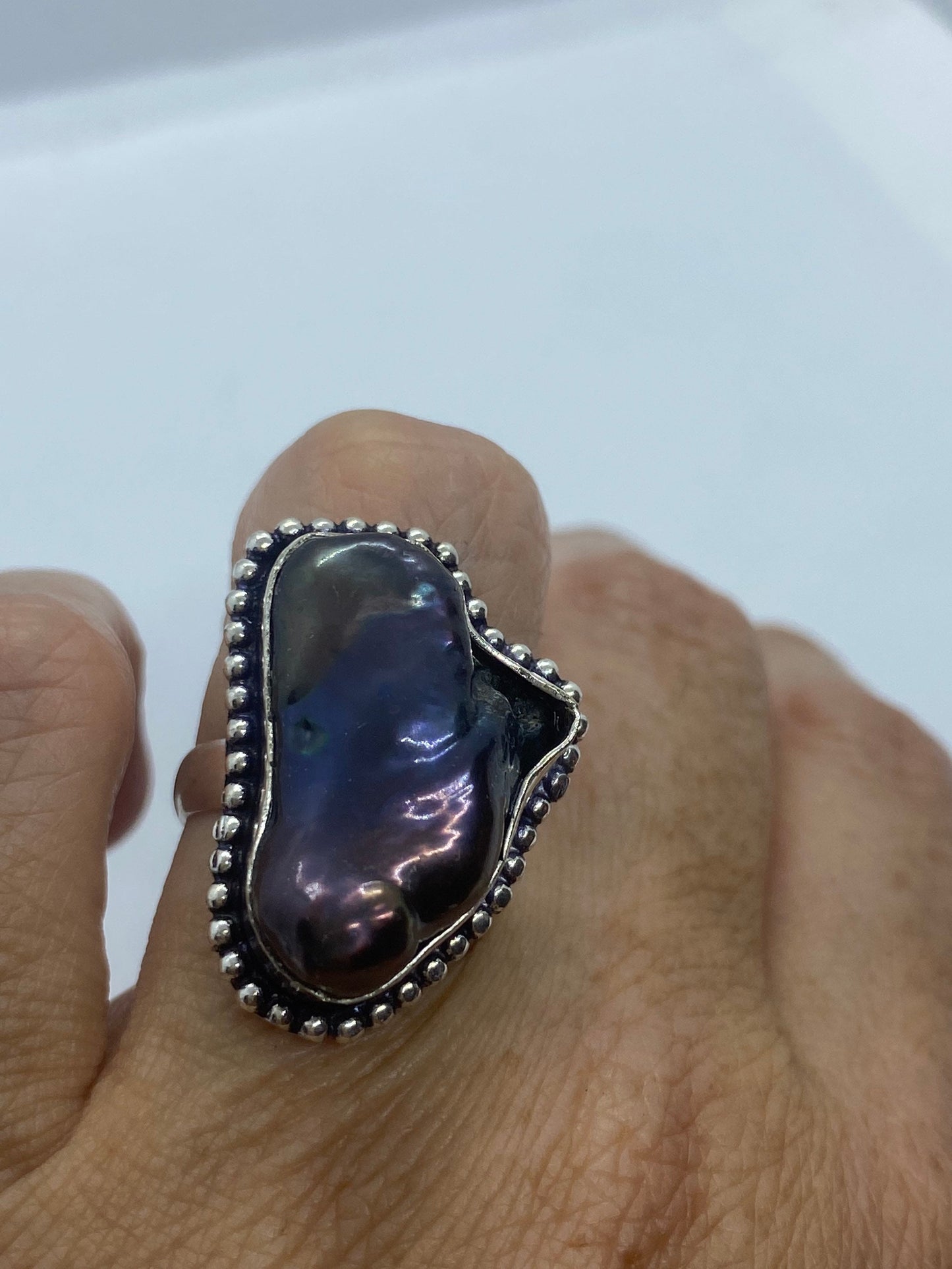 Antique Black Genuine Pearl Filigree Silver Ring