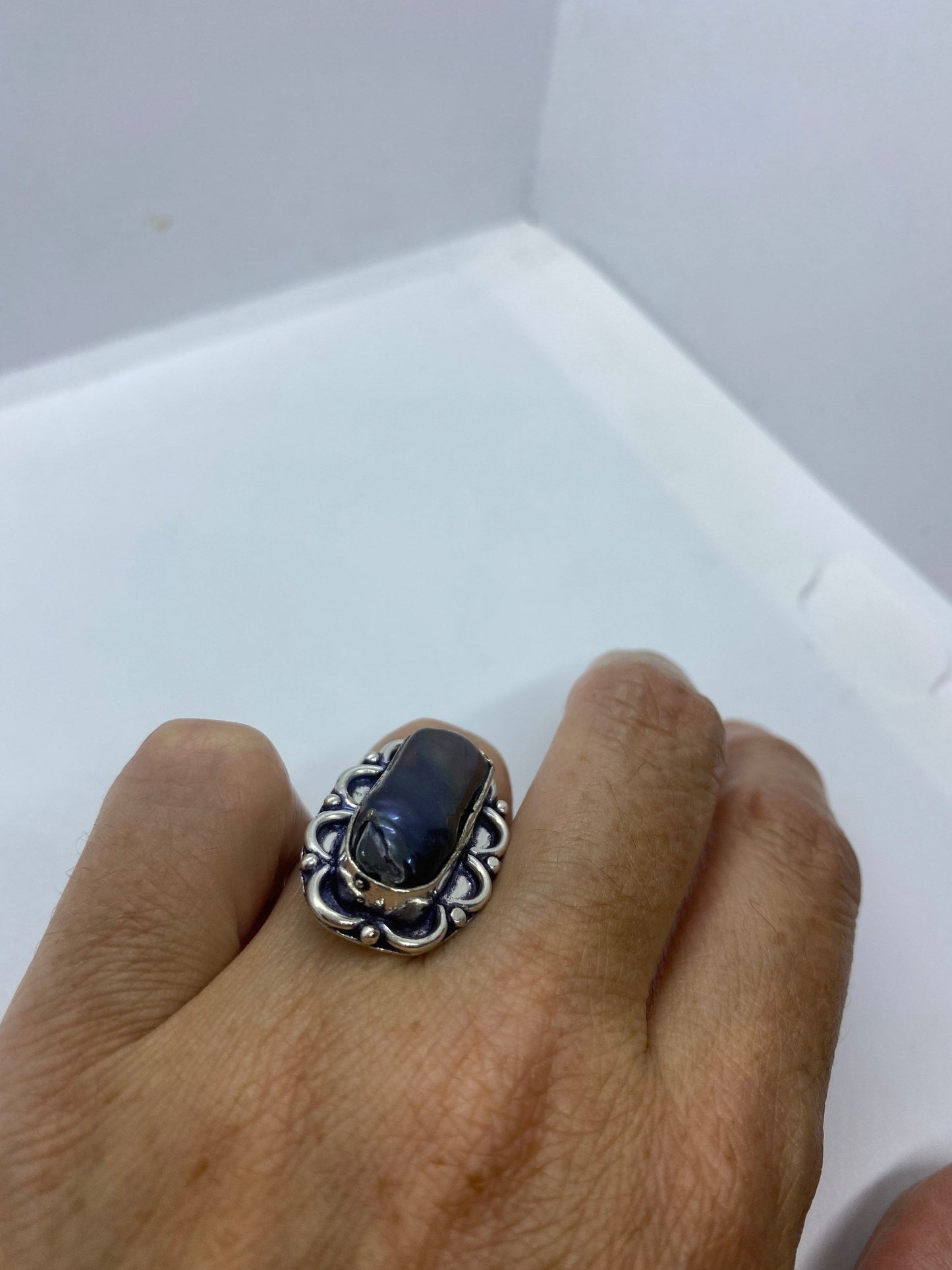 Antique Black Genuine Pearl Filigree Silver Ring