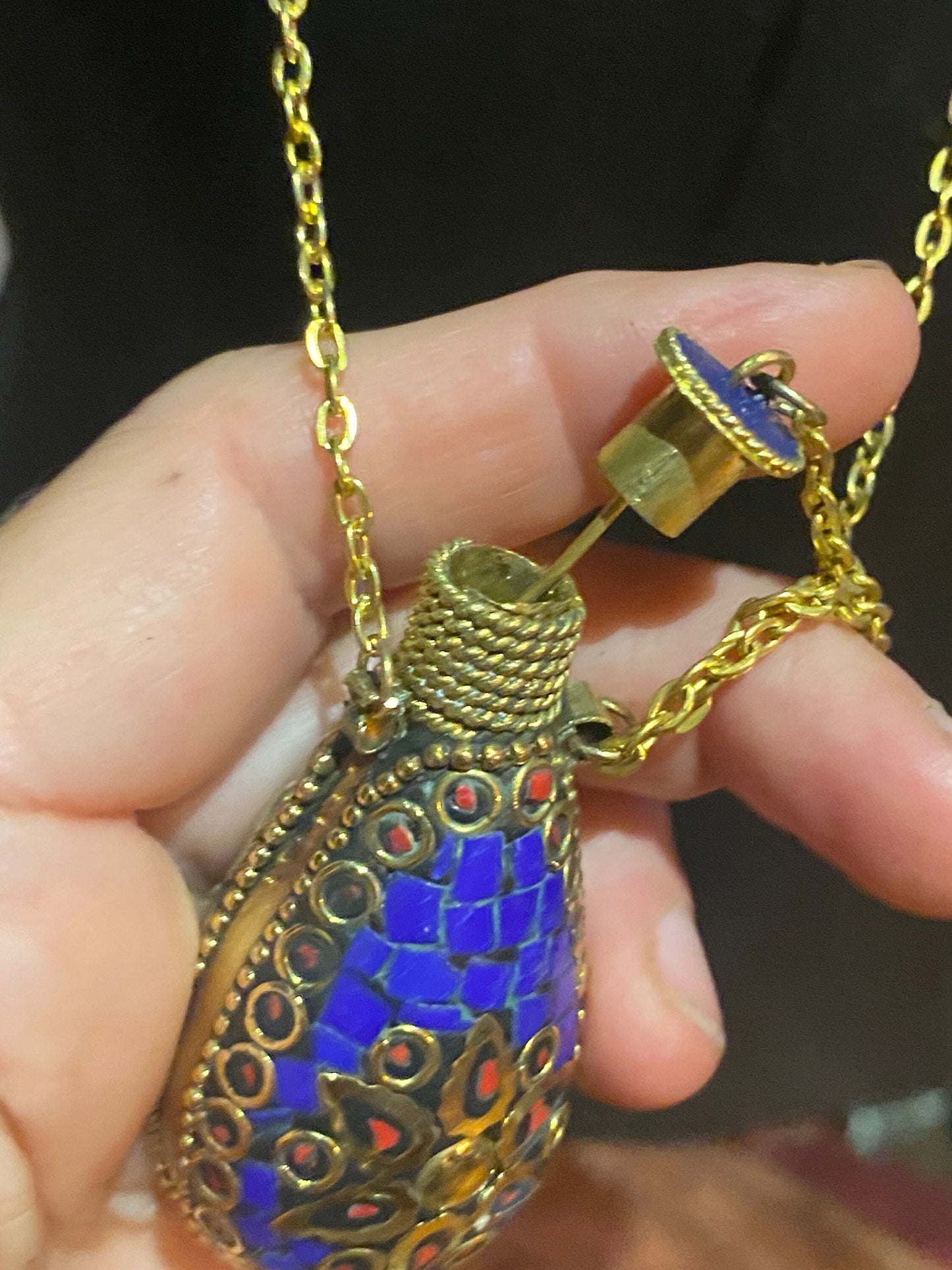 Vintage Perfume Oil Bottle mosaic Inlay Gemstone Pendant Necklace