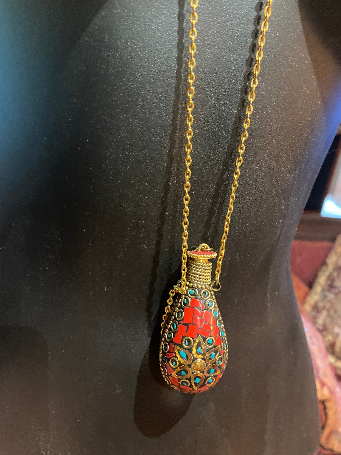 Vintage Perfume Oil Bottle mosaic Inlay Gemstone Pendant Necklace