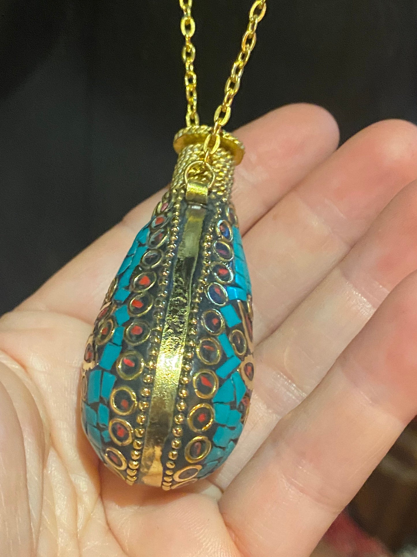 Vintage Perfume Oil Bottle mosaic Inlay Gemstone Pendant Necklace