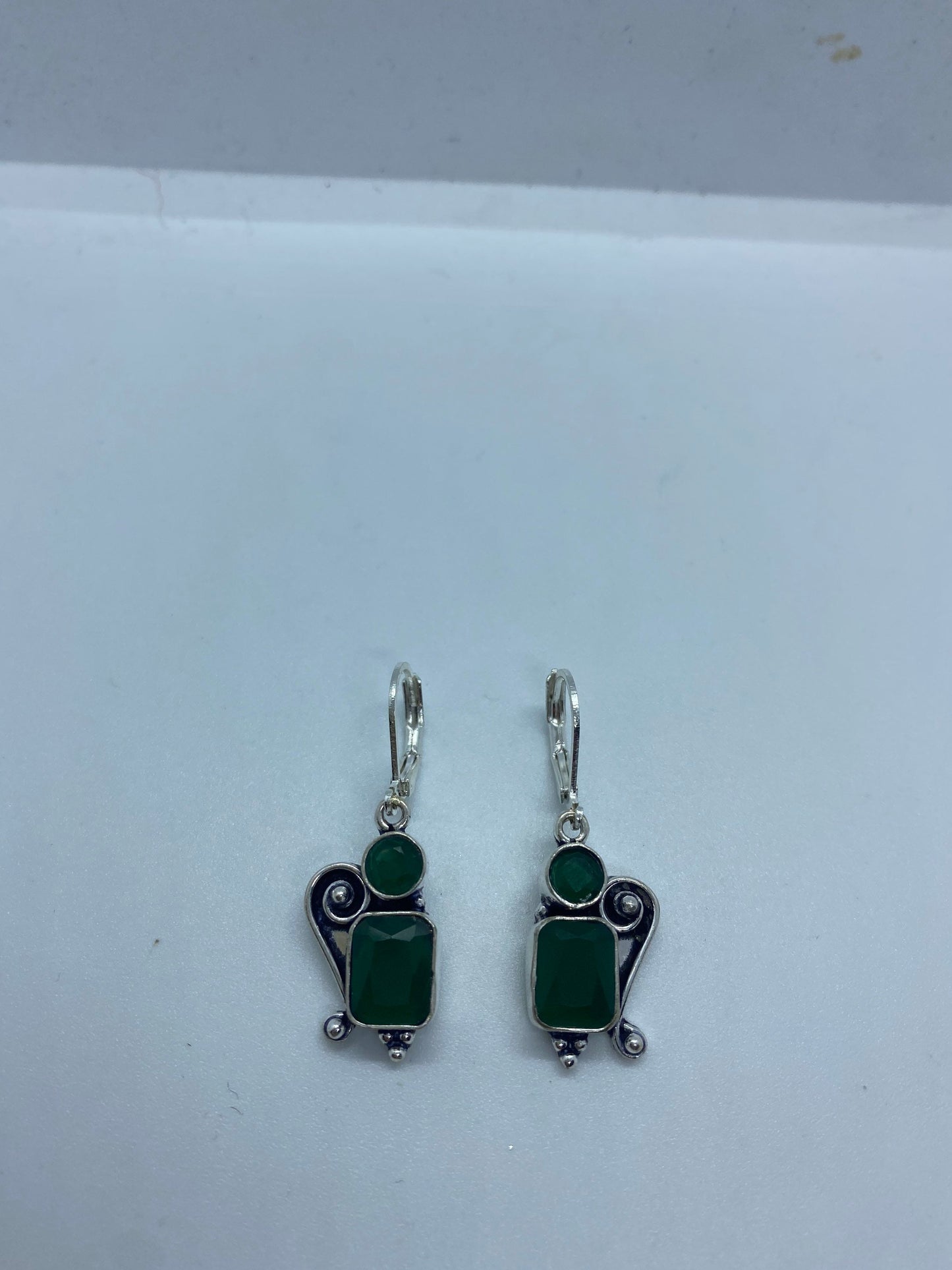 Antique Vintage Green Chrysoprase Silver Dangle Earrings