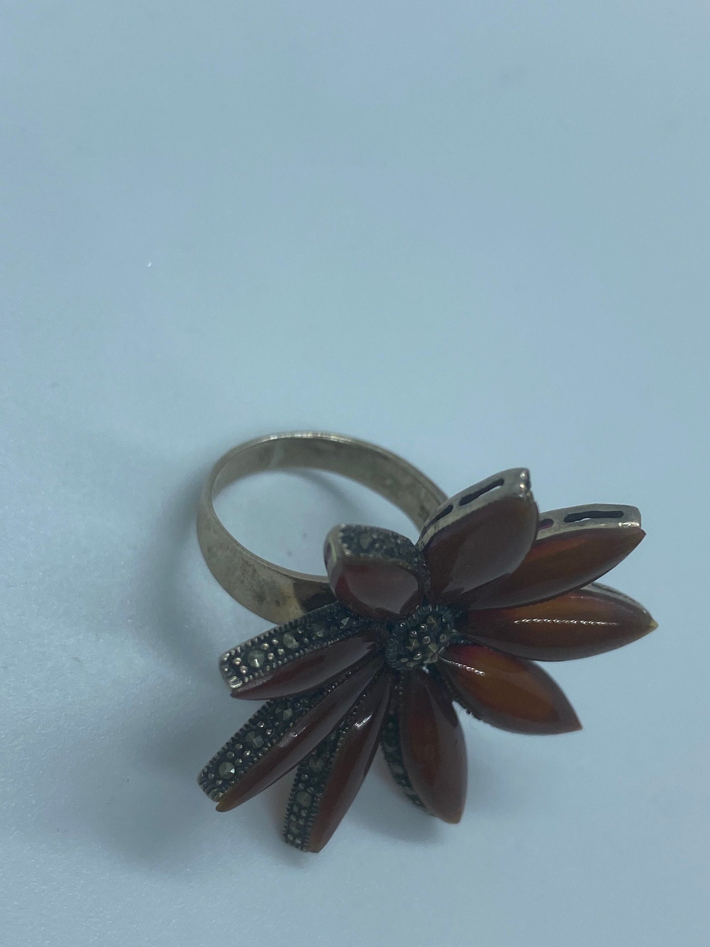 Vintage Genuine Red Carnelian 925 Sterling Silver Marcasite Ring