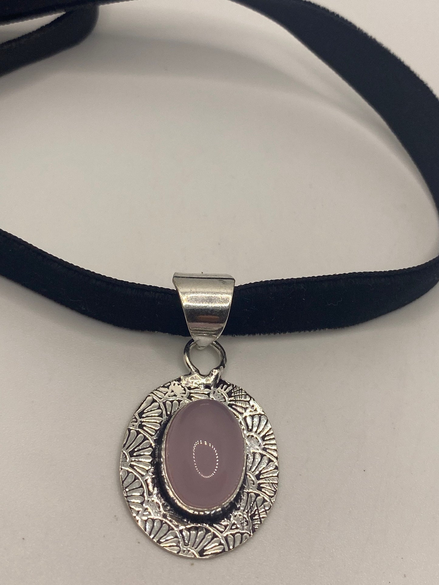 Vintage Handmade Silver Finish Rose Quartz Choker Pendant