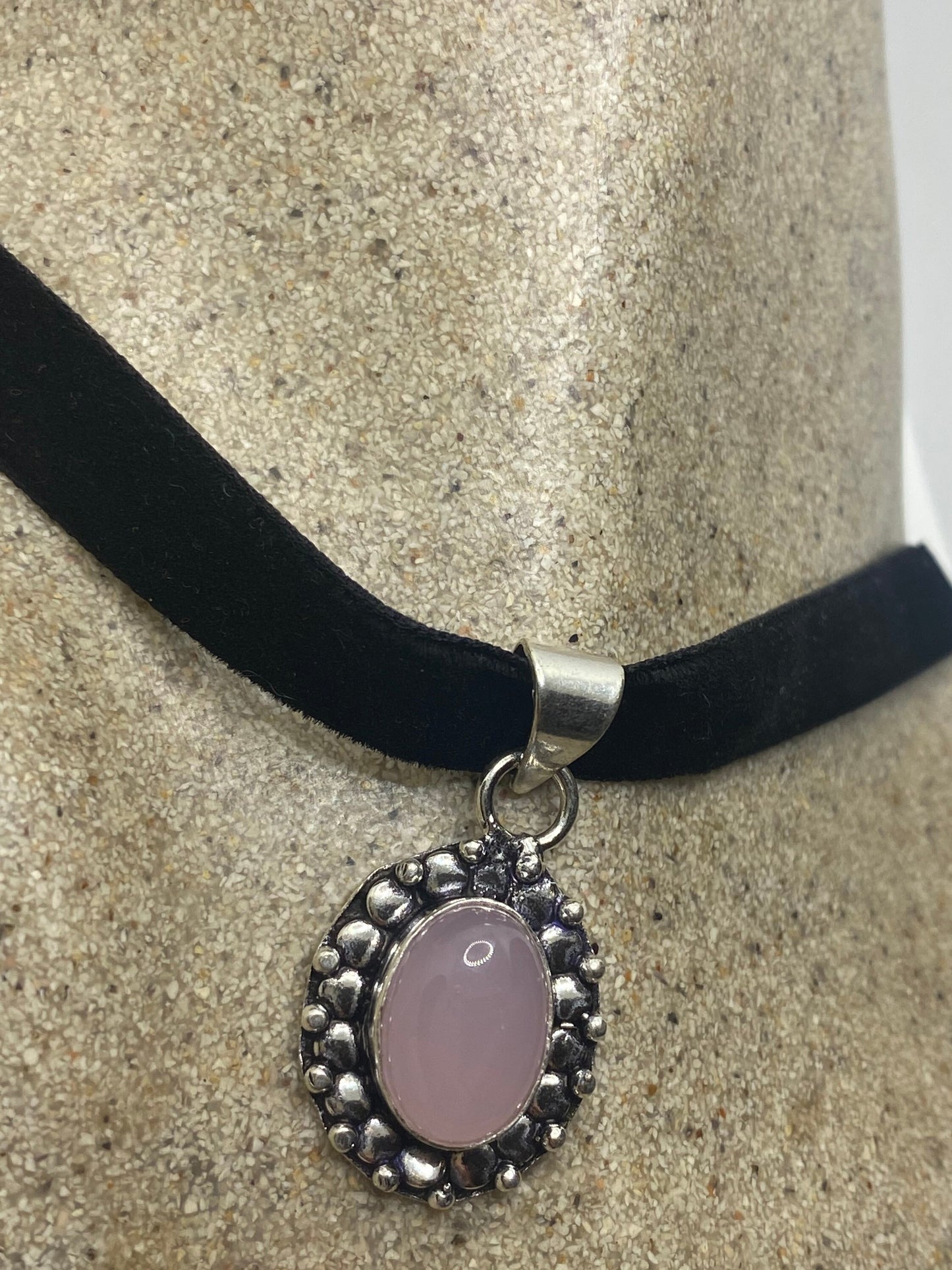 Vintage Handmade Silver Finish Rose Quartz Choker Pendant