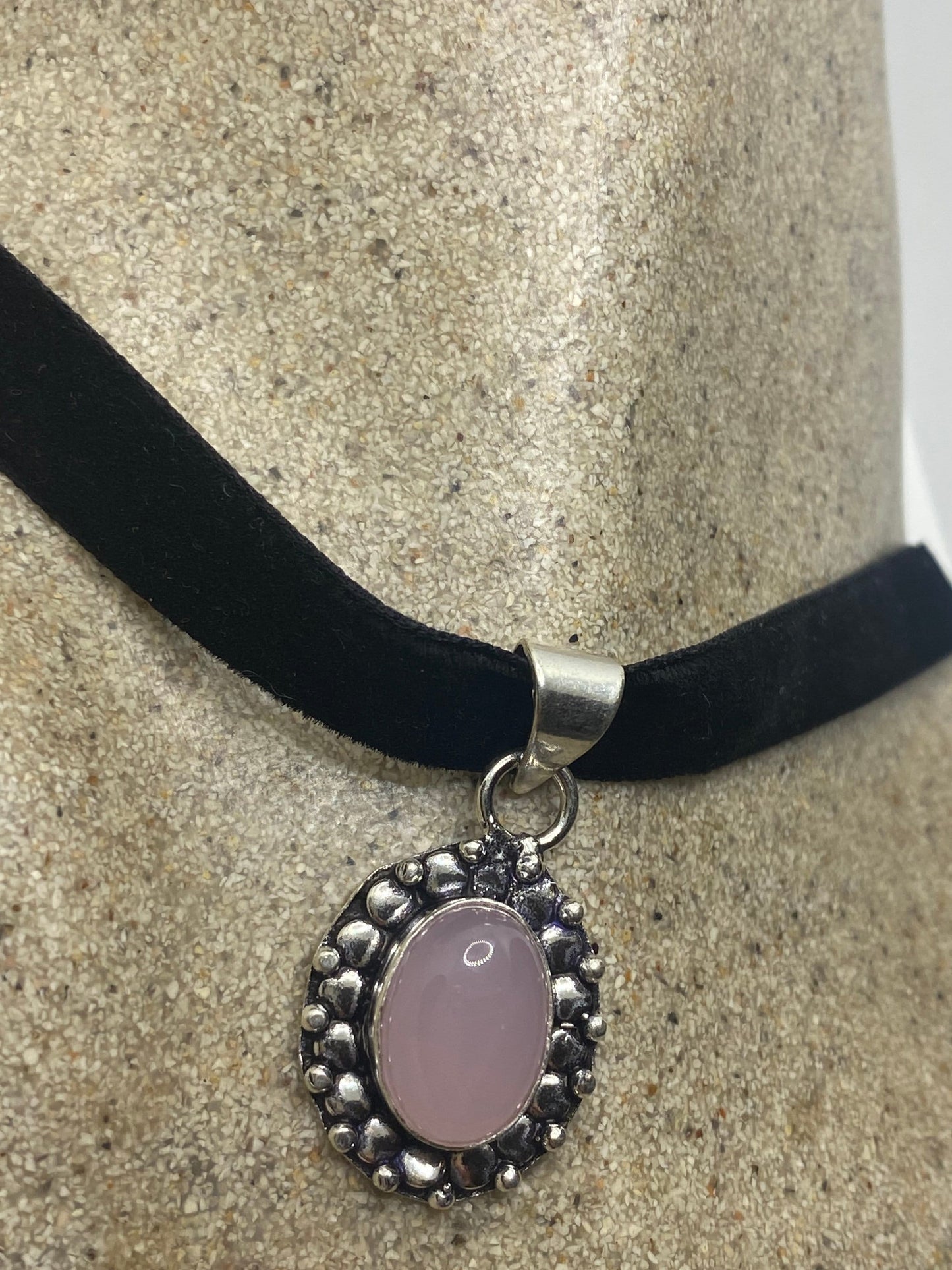 Vintage Handmade Silver Finish Rose Quartz Choker Pendant