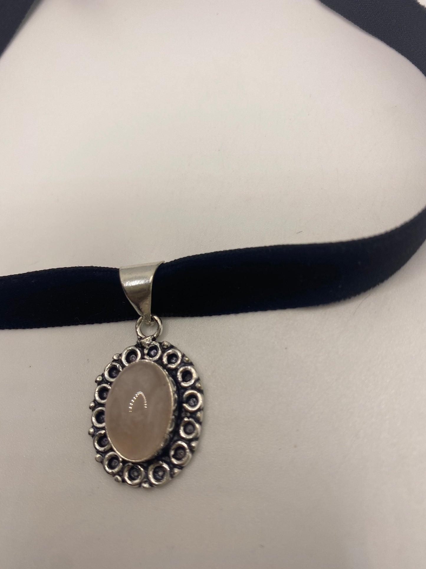 Vintage Handmade Silver Finish Rose Quartz Choker Pendant