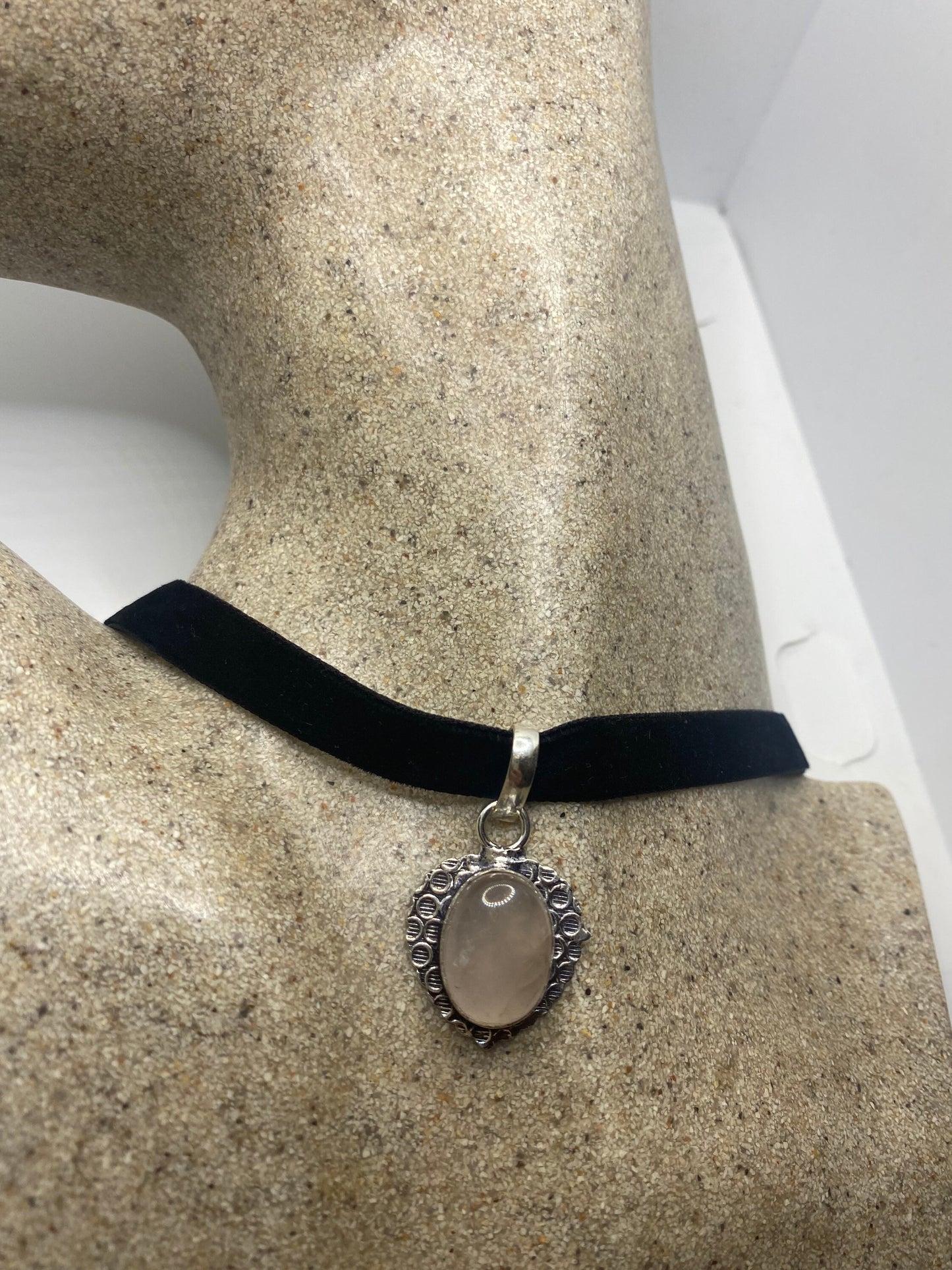 Vintage Handmade Silver Finish Rose Quartz Choker Pendant