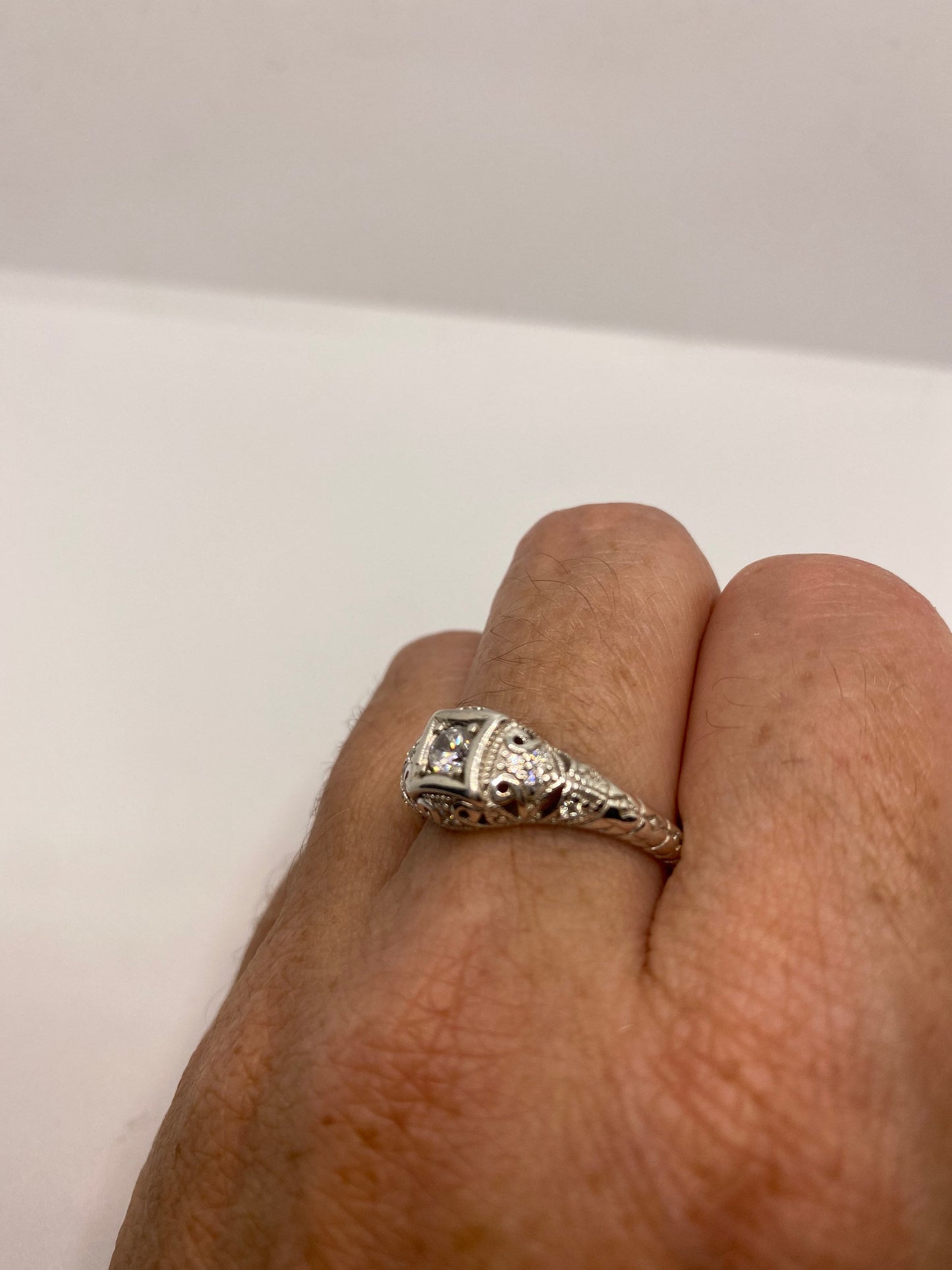 Vintage Cubic Zirconia Crystal Sterling Silver engagement Ring Size 5