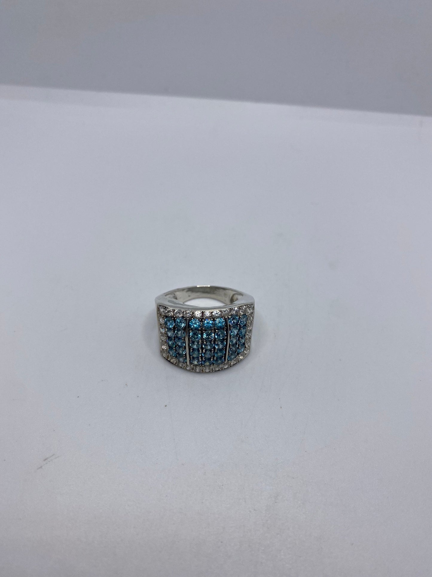 Vintage genuine blue topaz white sapphire 925 sterling silver Ring