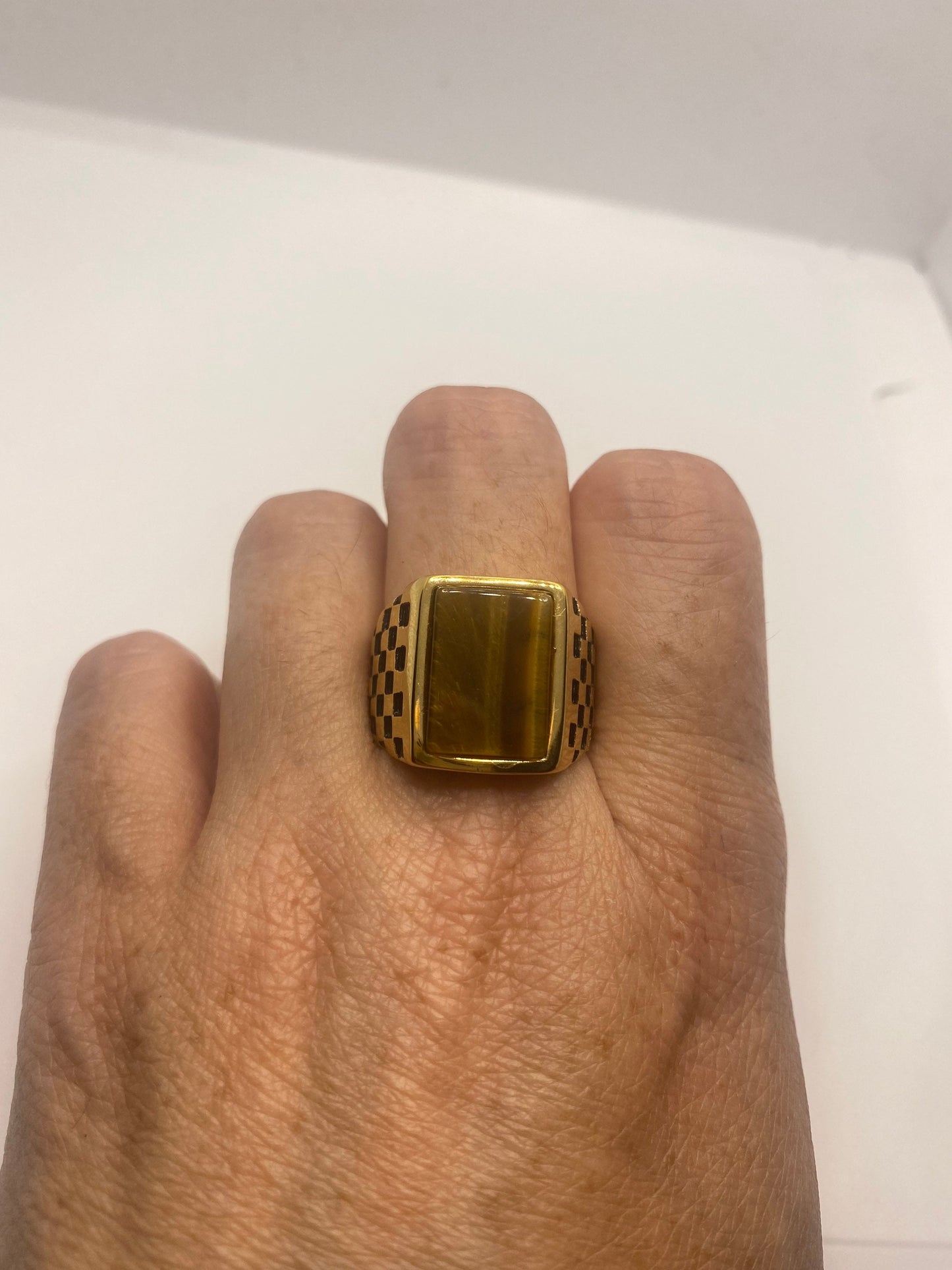 Vintage Golden Stainless Steel Tigers Eye Ring