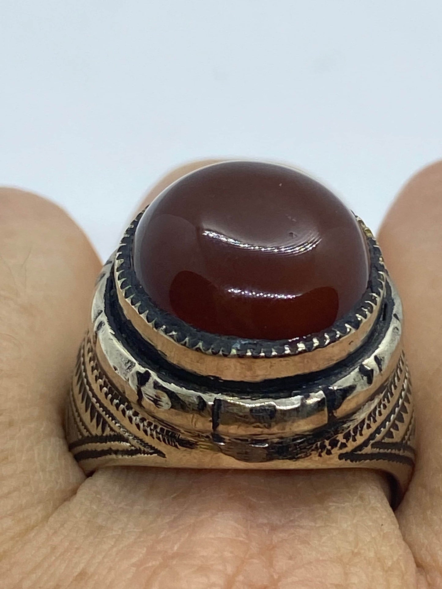 Vintage Ethiopian Carnelian Mens Ring in Silver Bronze Genuine Carnelian