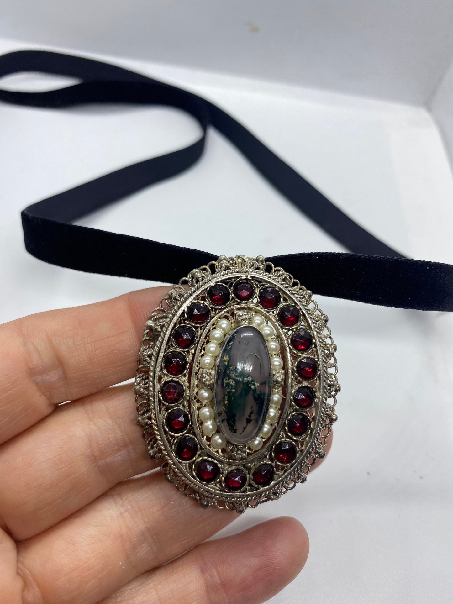 Vintage Garnet Pearl Moss Agate Austro Hungarian 925 Sterling Silver Brooch/Pendant