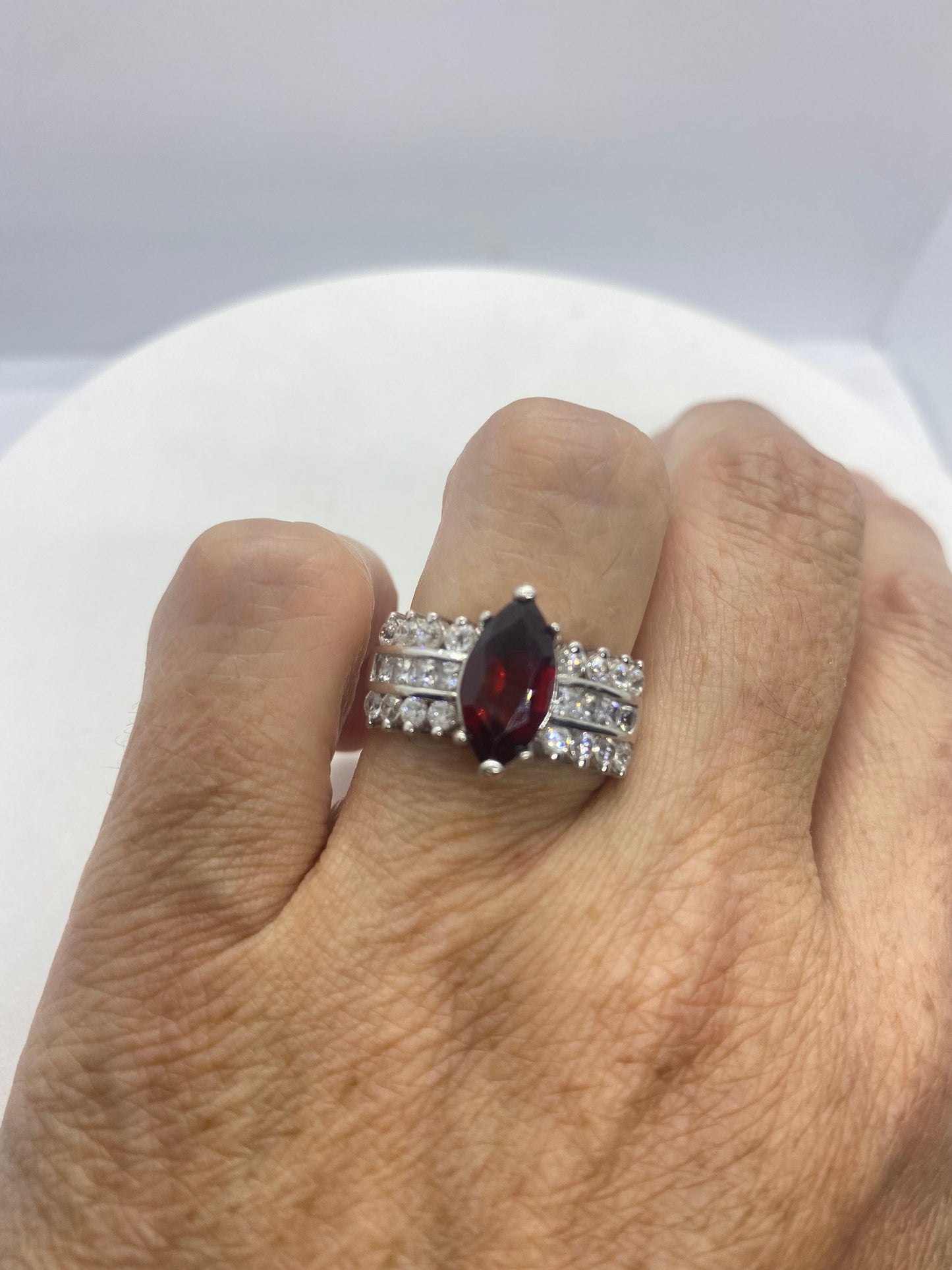 Vintage Bohemian Garnet Ring Crystal 925 Sterling Silver Cocktail Statement