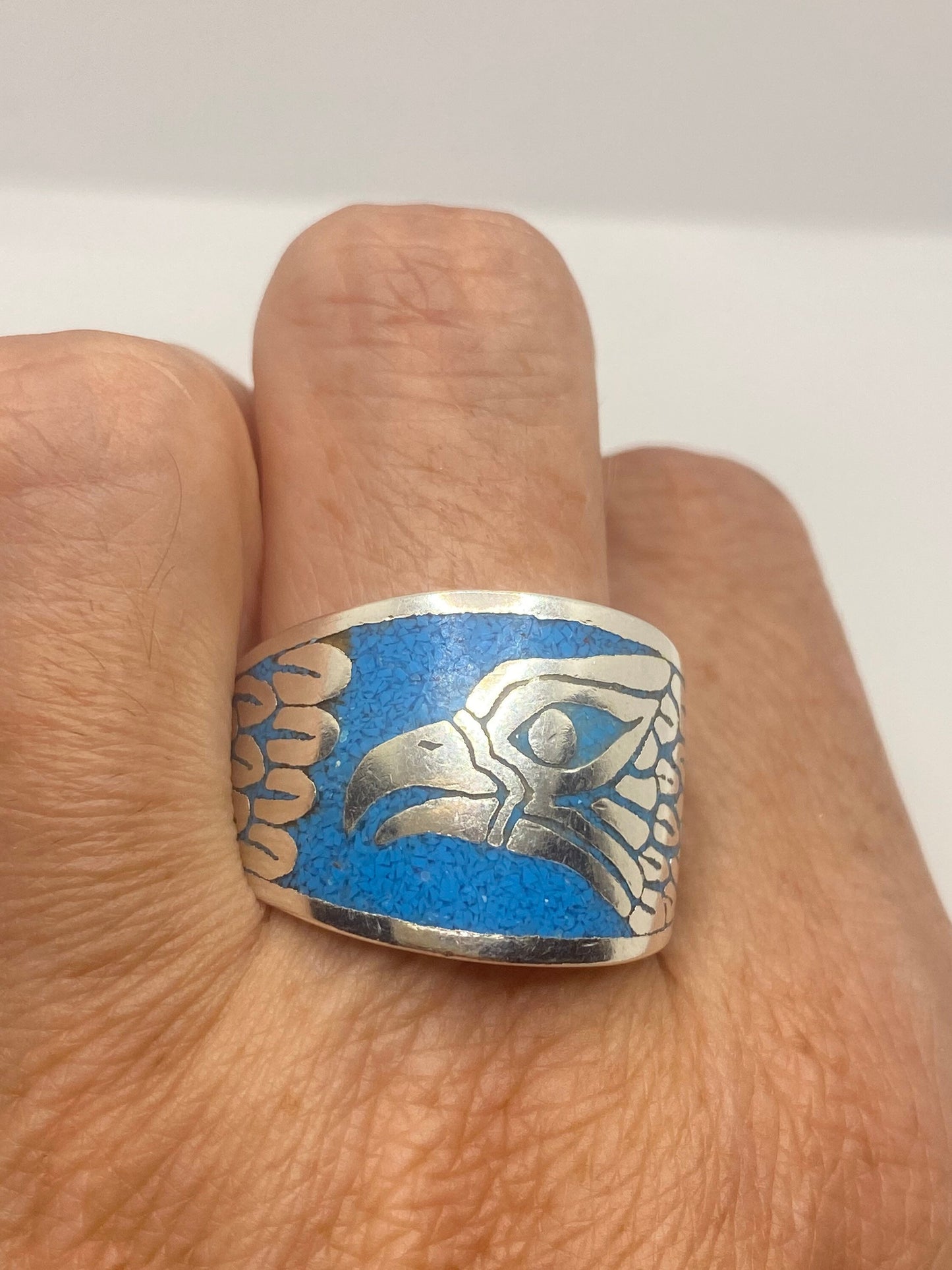 Vintage Native American Style Southwestern Turquoise Stone Inlay Mens Hawk Ring