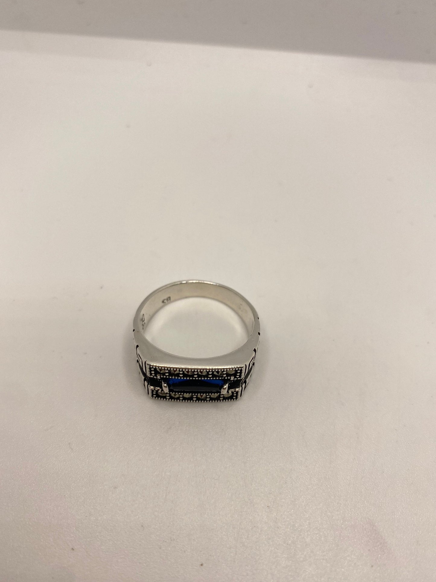 Vintage Sterling Silver Cobalt Blue Glass Mens Ring