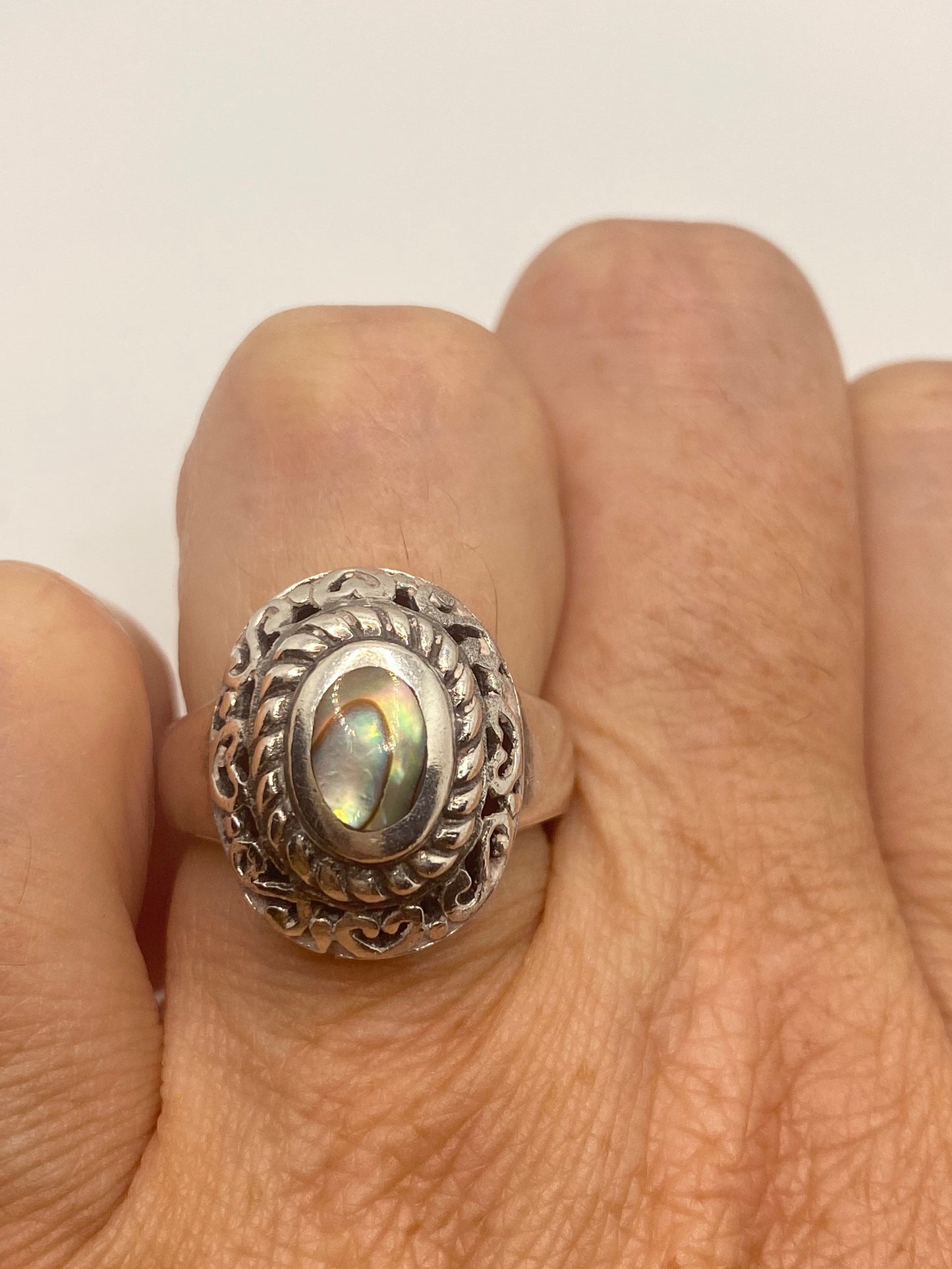 Antique Abalone Filigree 925 Sterling Silver Ring