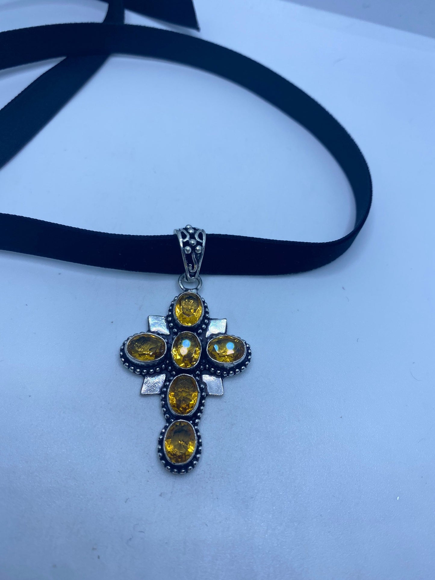 Vintage Silver Golden Citrine Cross Choker Black Velvet Necklace.