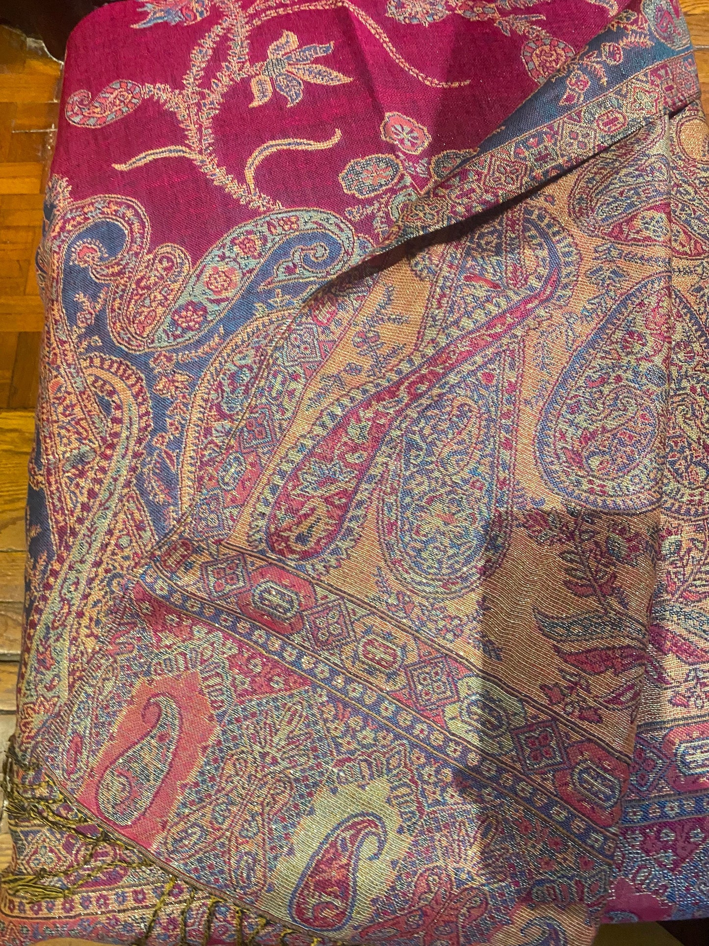 Vintage Pink Blue Gold Paisley Brocade Pashmina Scarf Wrap
