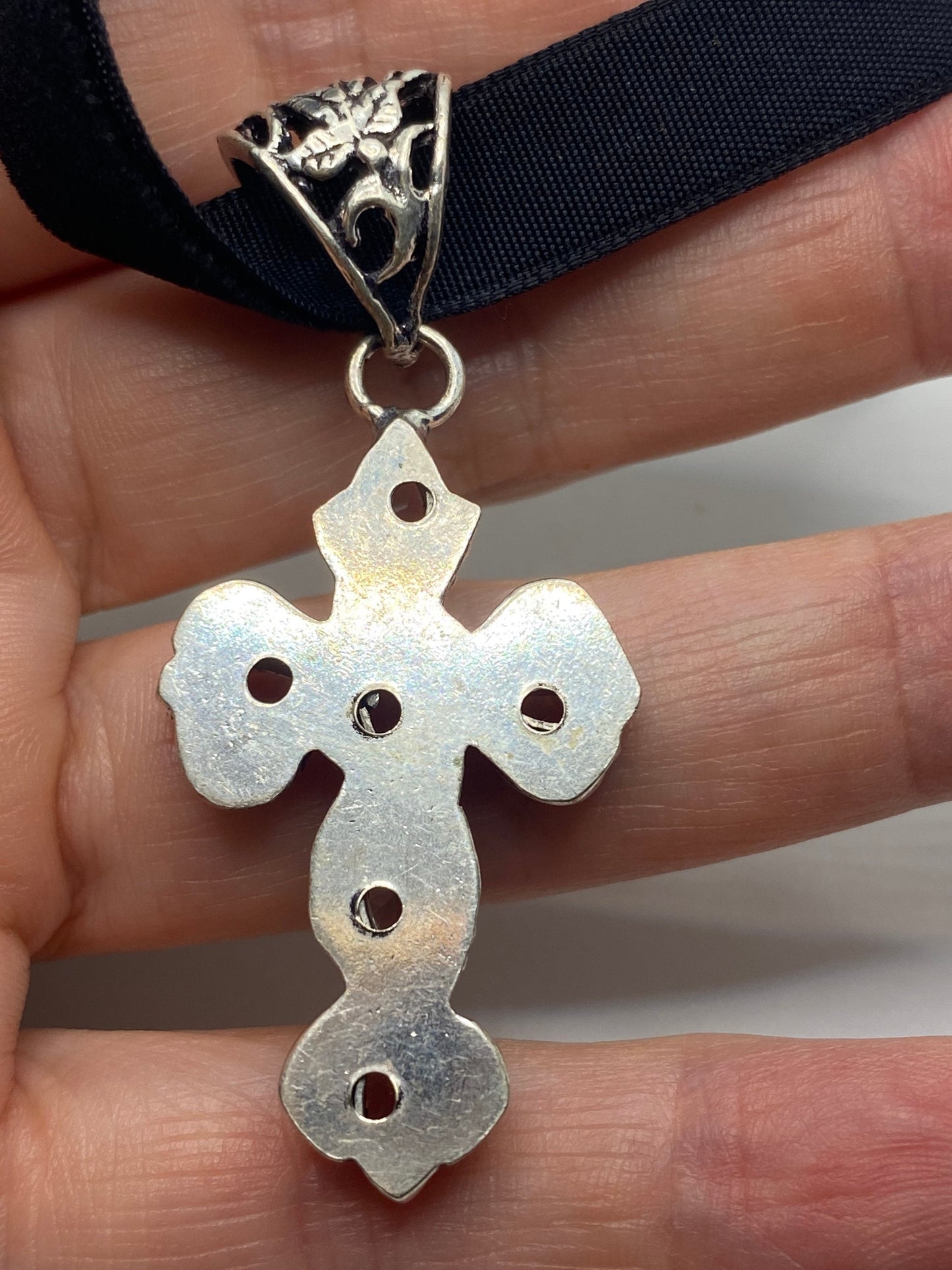 Vintage Purple Amethyst Cross Choker Black Velvet Ribbon Pendant