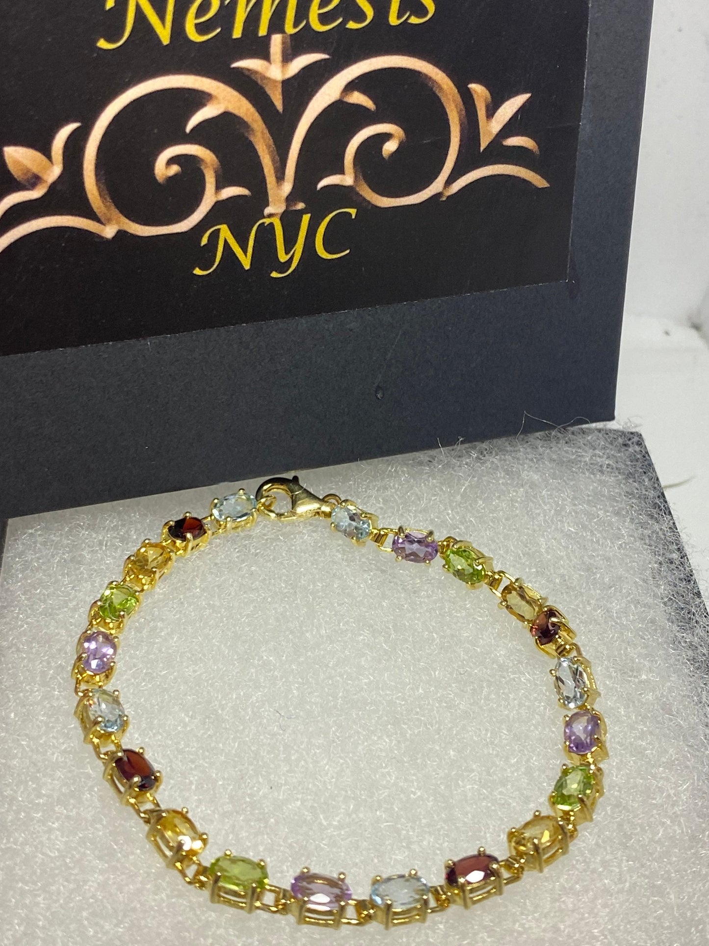 Vintage Mixed Gemstone Golden 925 Sterling Silver Tennis Bracelet