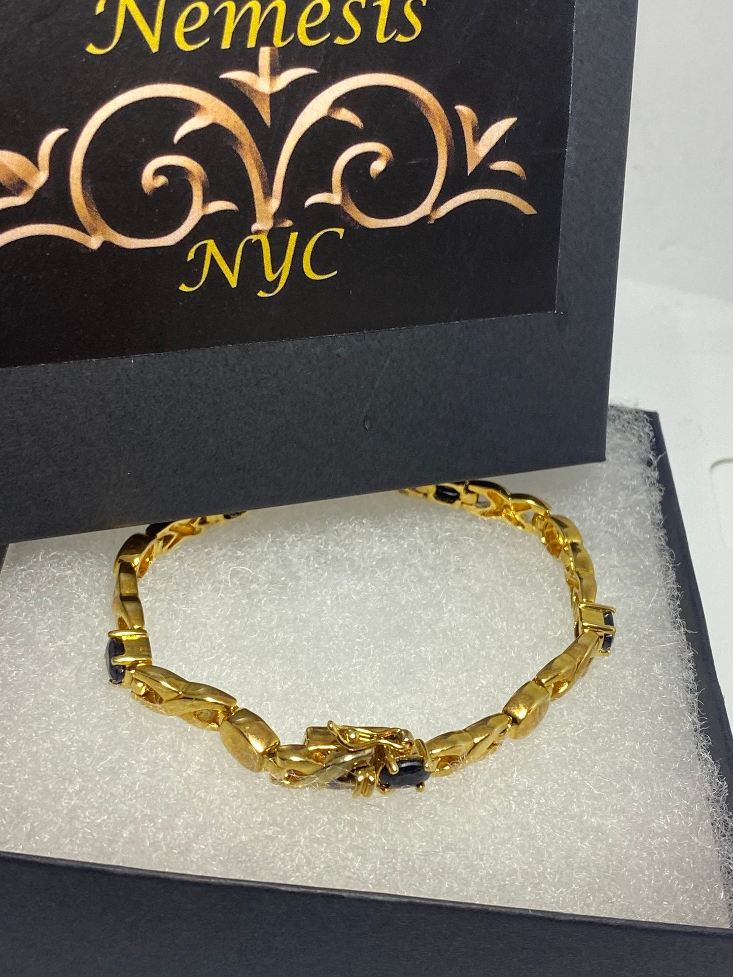 Vintage Blue Sapphire Bracelet Golden 925 Sterling Silver Tennis