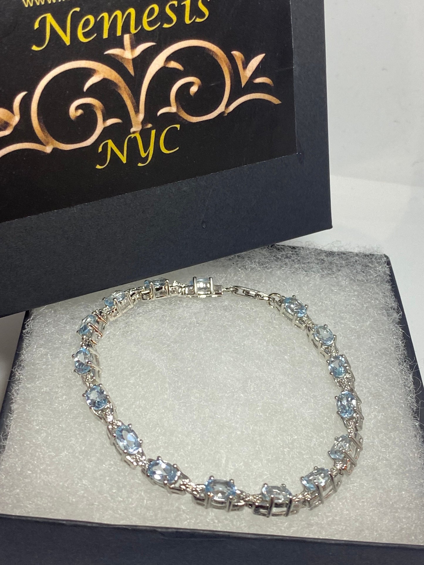 Vintage Blue Aquamarine 925 Sterling Silver Tennis Bracelet