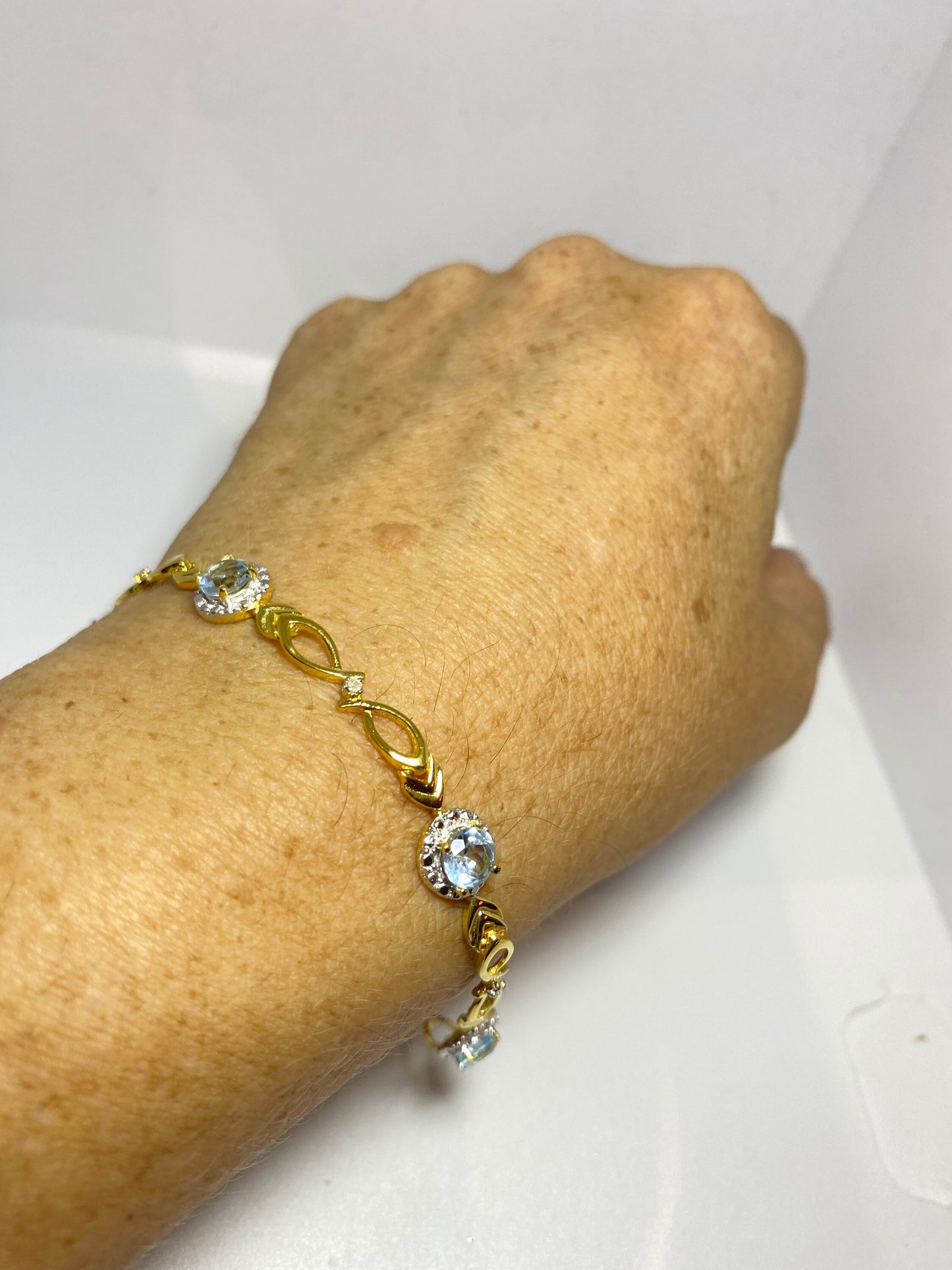 Vintage Blue Aquamarine Golden 925 Sterling Silver Tennis Bracelet