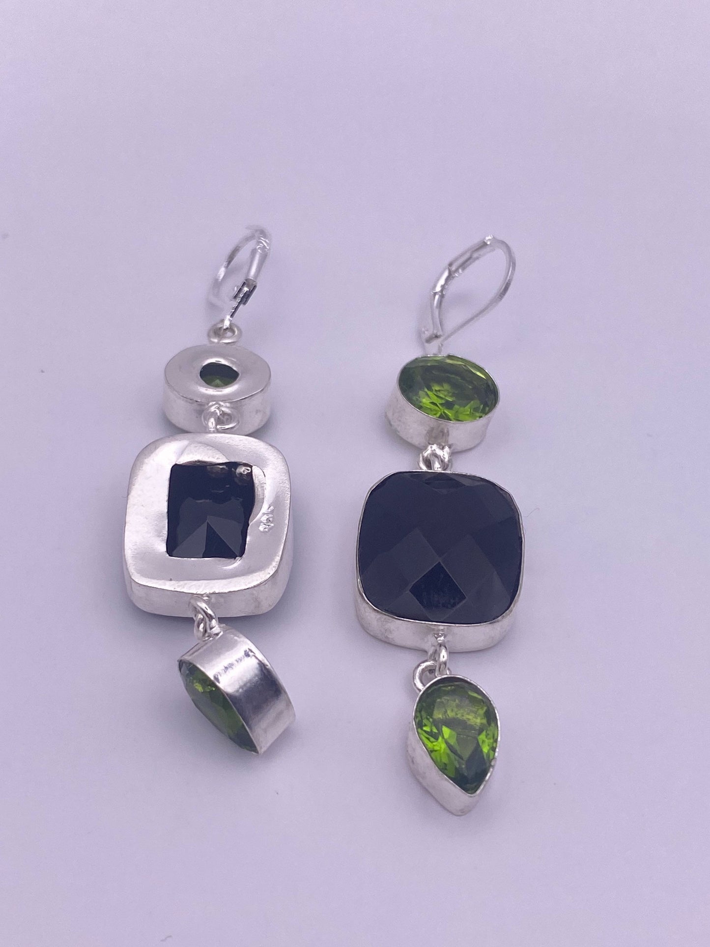 Vintage Black Onyx Peridot Sterling Silver Deco Dangle Earrings