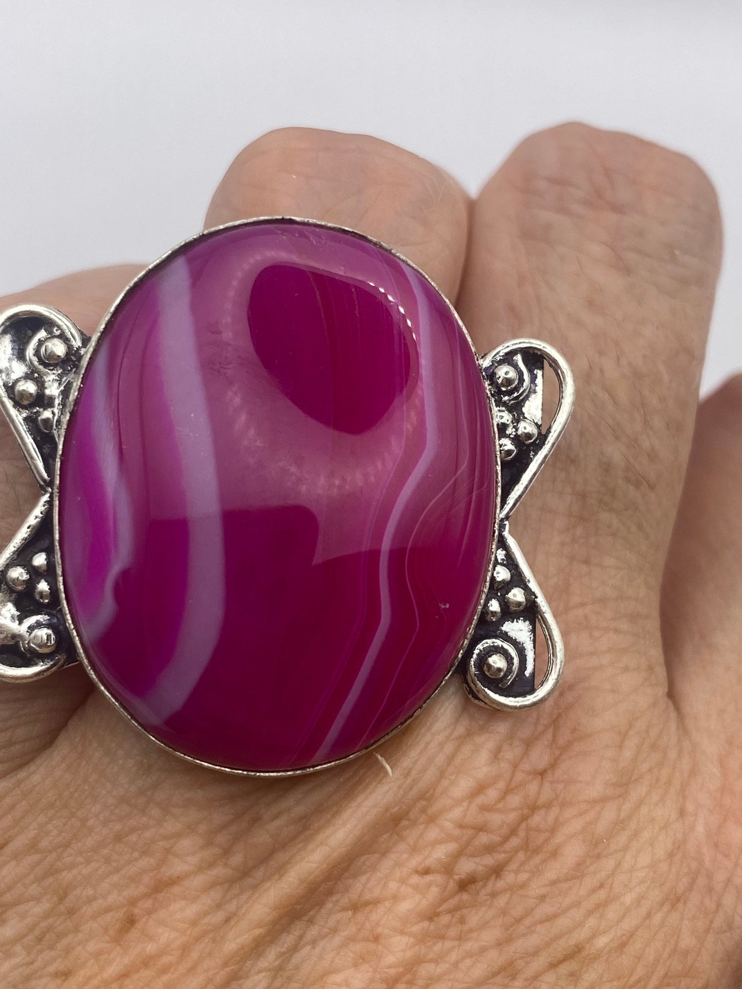 Vintage Pink Agate Silver Ring Size 8