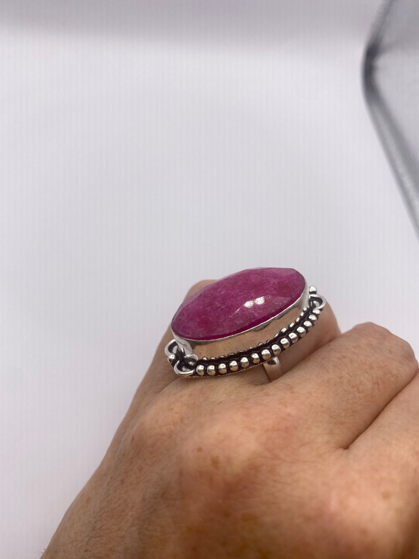 Vintage Raw Pink Ruby Deco Silver Cocktail Ring