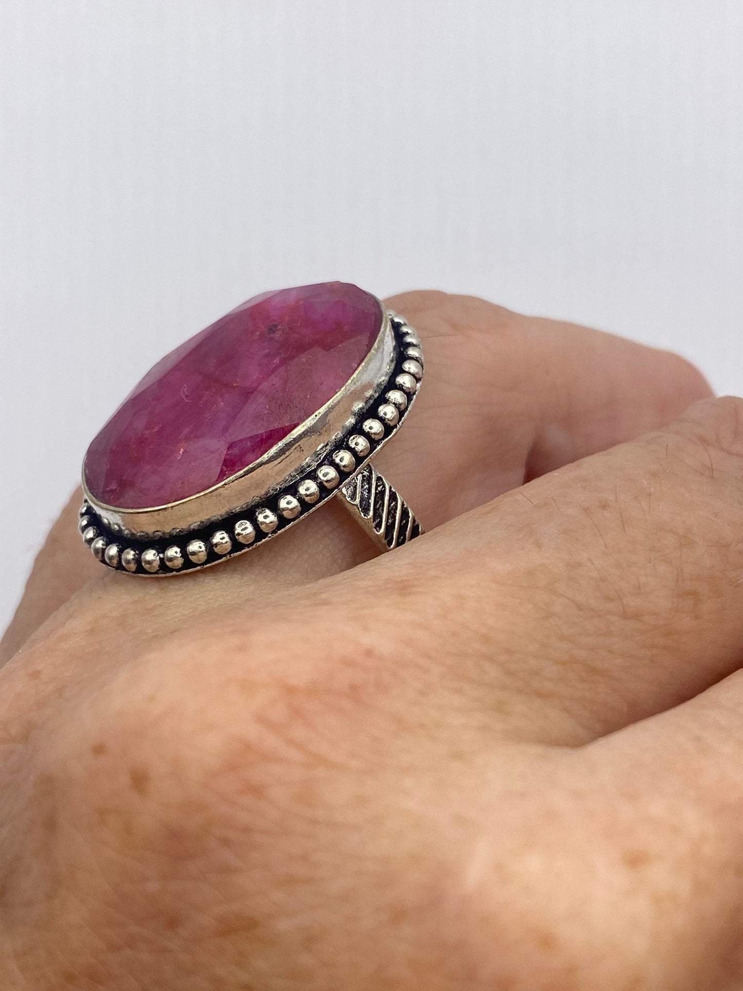 Vintage Raw Pink Ruby Deco Silver Cocktail Ring