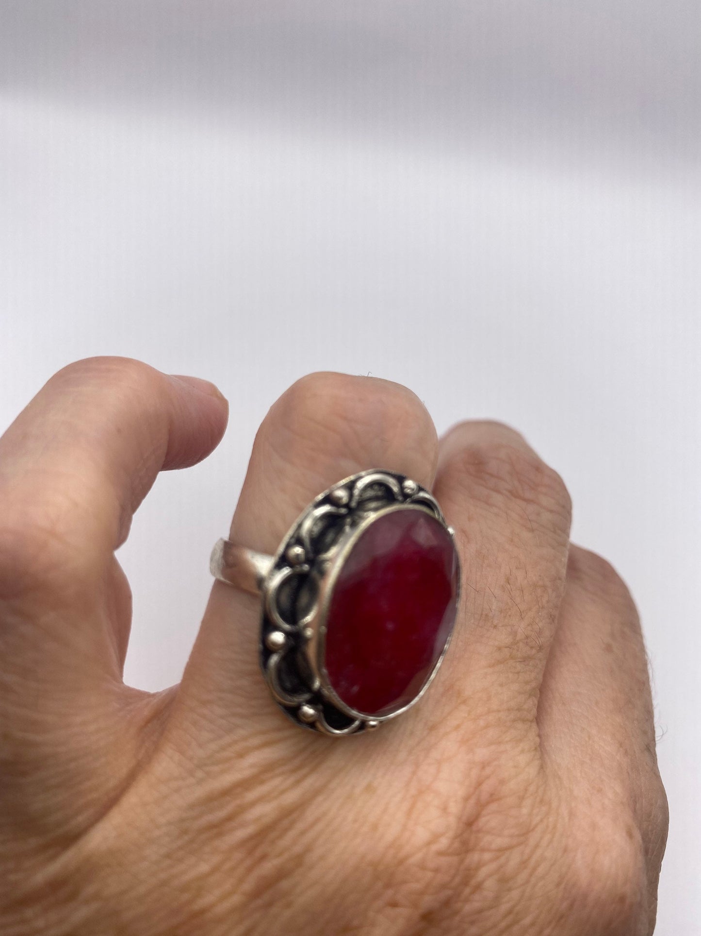 Vintage Raw Pink Ruby Deco Silver Cocktail Ring