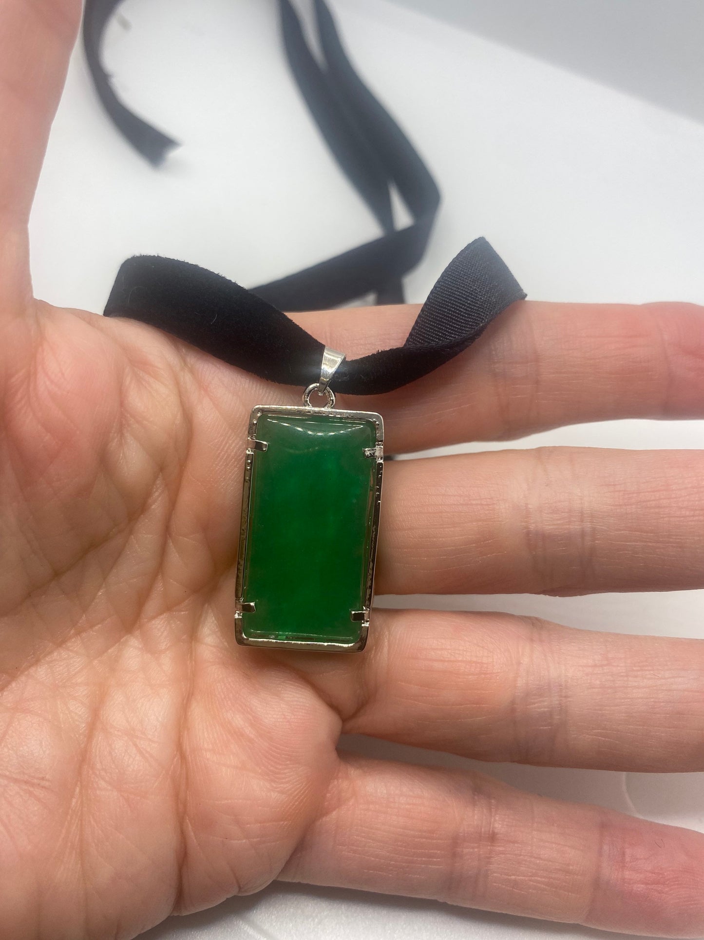 Vintage Green Jade Bamboo Choker Silver Finish Necklace Pendant