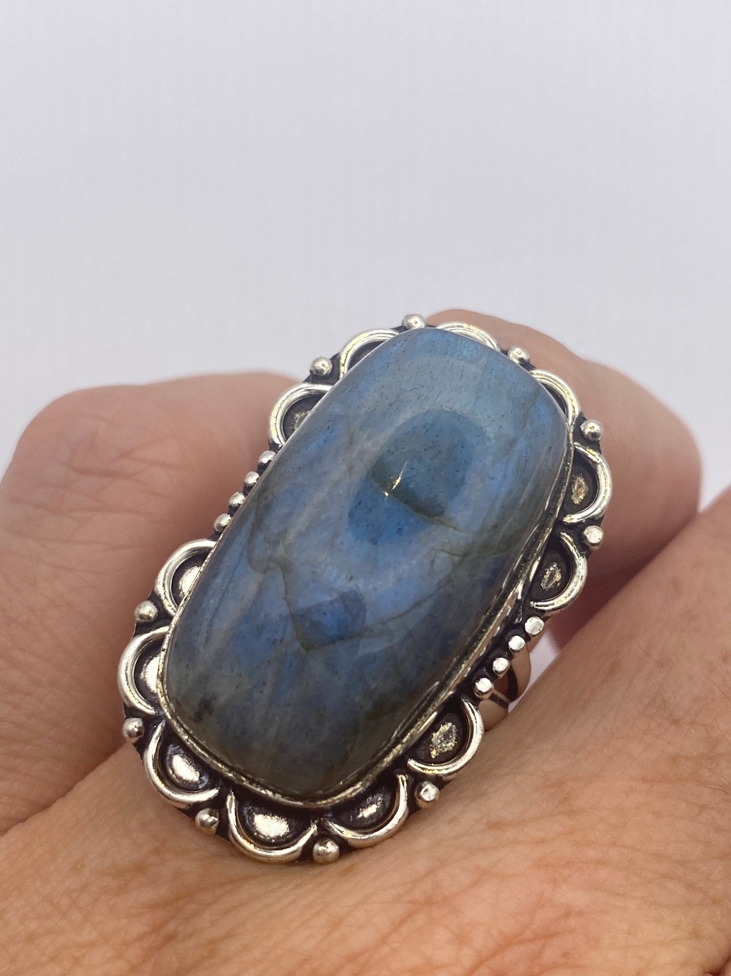 Vintage Blue Green Labradorite Moonstone Silver Cocktail Ring