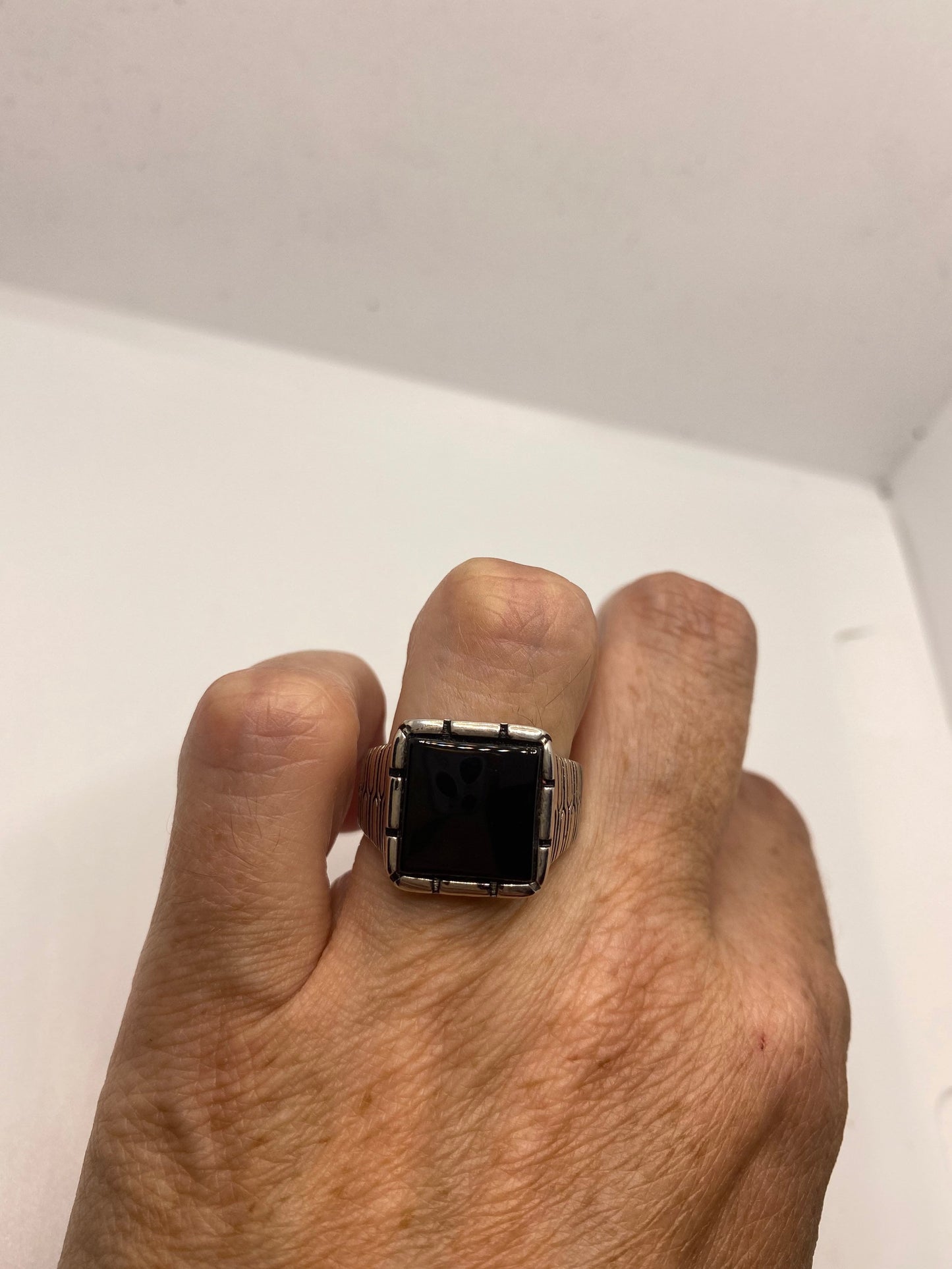 Vintage Black Onyx Mens Ring in 925 Sterling Silver
