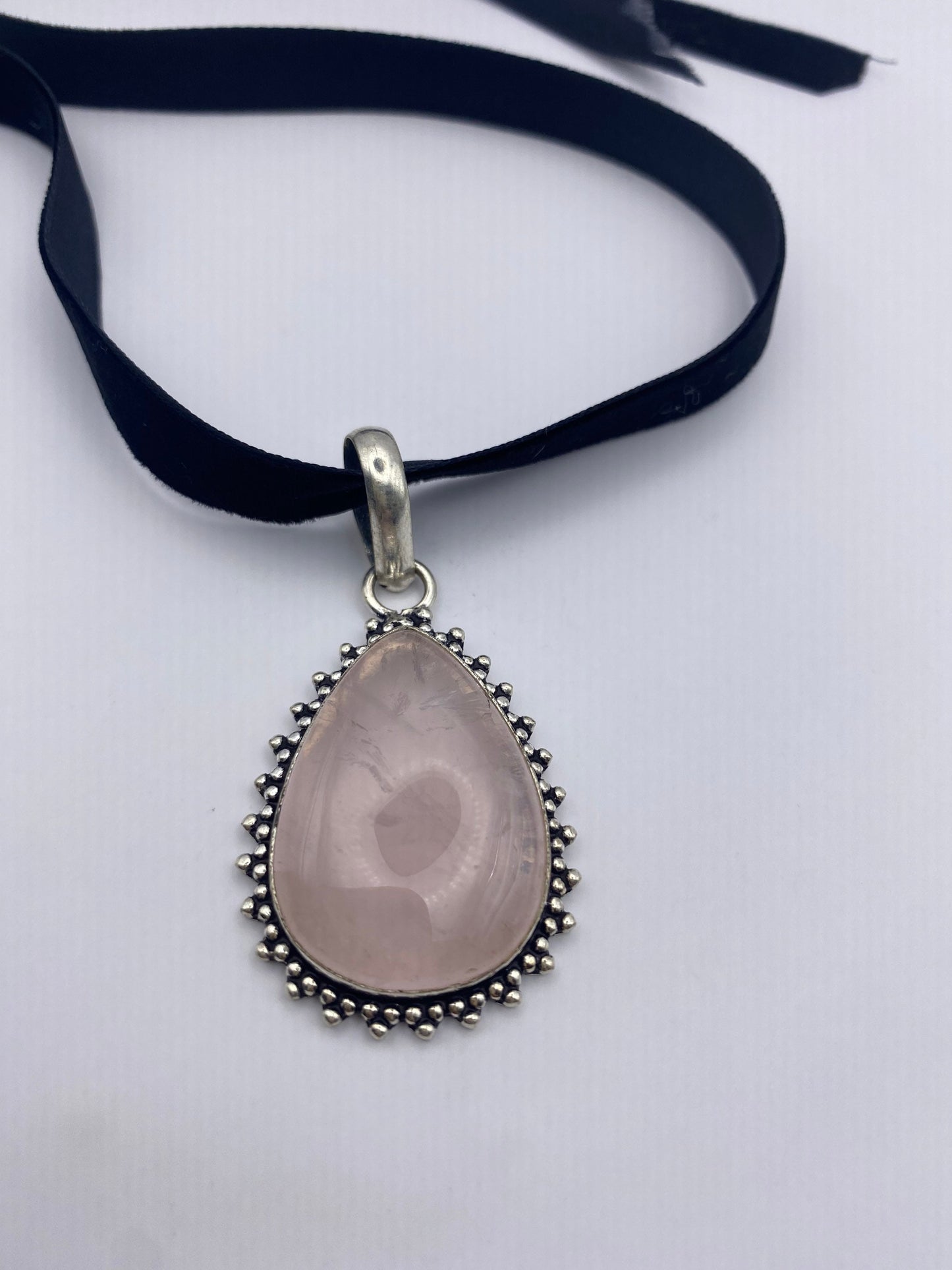 Vintage Handmade Silver Finish Rose Quartz Cross Choker Pendant