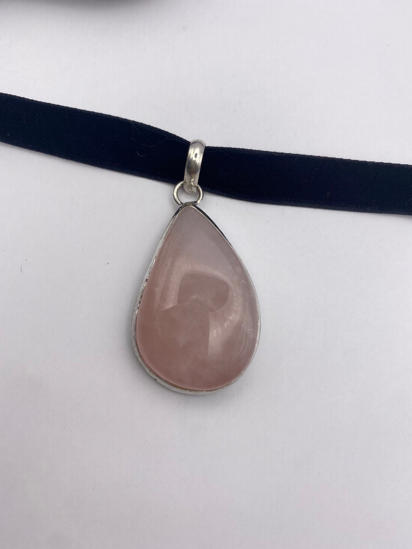 Vintage Handmade Silver Finish Rose Quartz Cross Choker Pendant