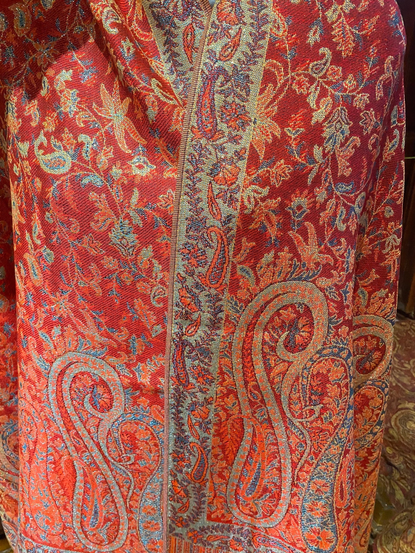 Vintage Red Metallic Gold Paisley Brocade Pashmina Scarf Wrap