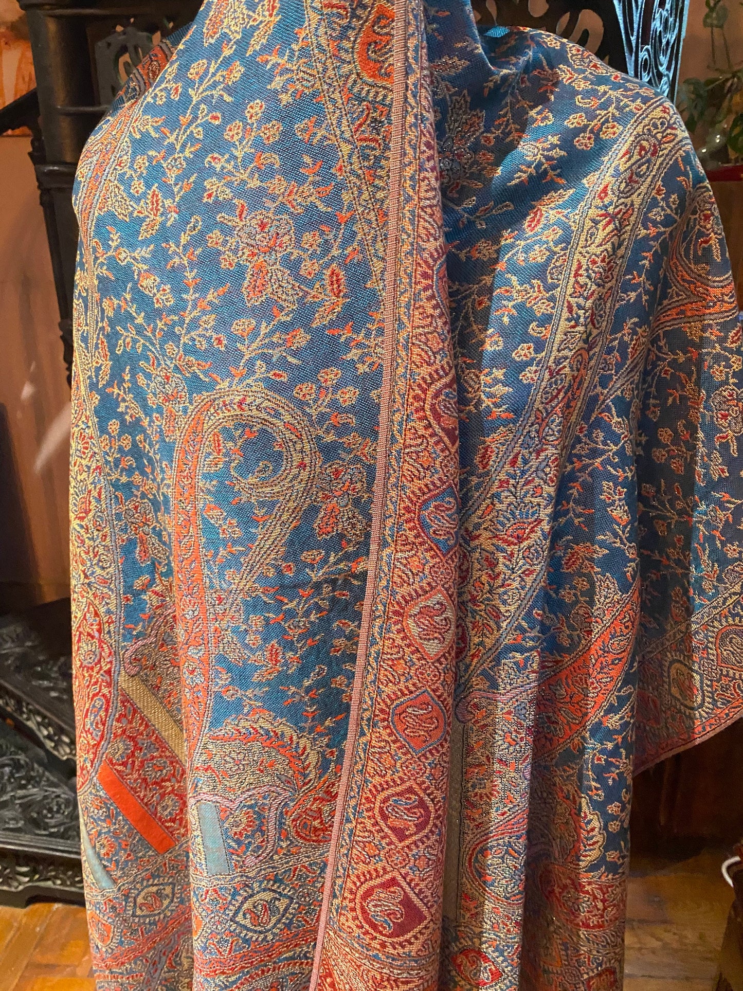 Vintage Blue Metallic Gold Paisley Brocade Pashmina Scarf Wrap Shawl