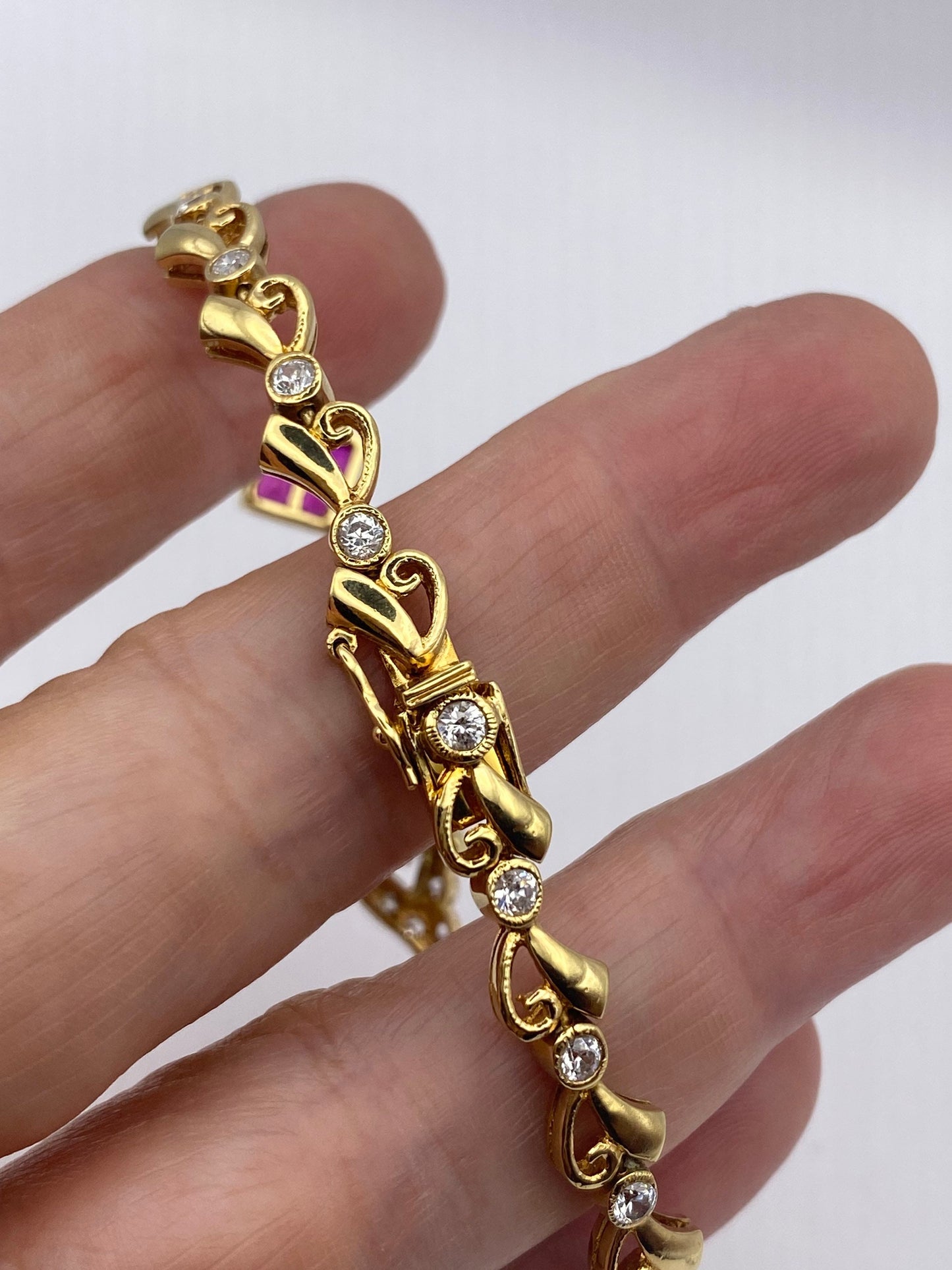 Vintage White Sapphire Ruby Crystal Golden 925 Sterling Silver Bracelet