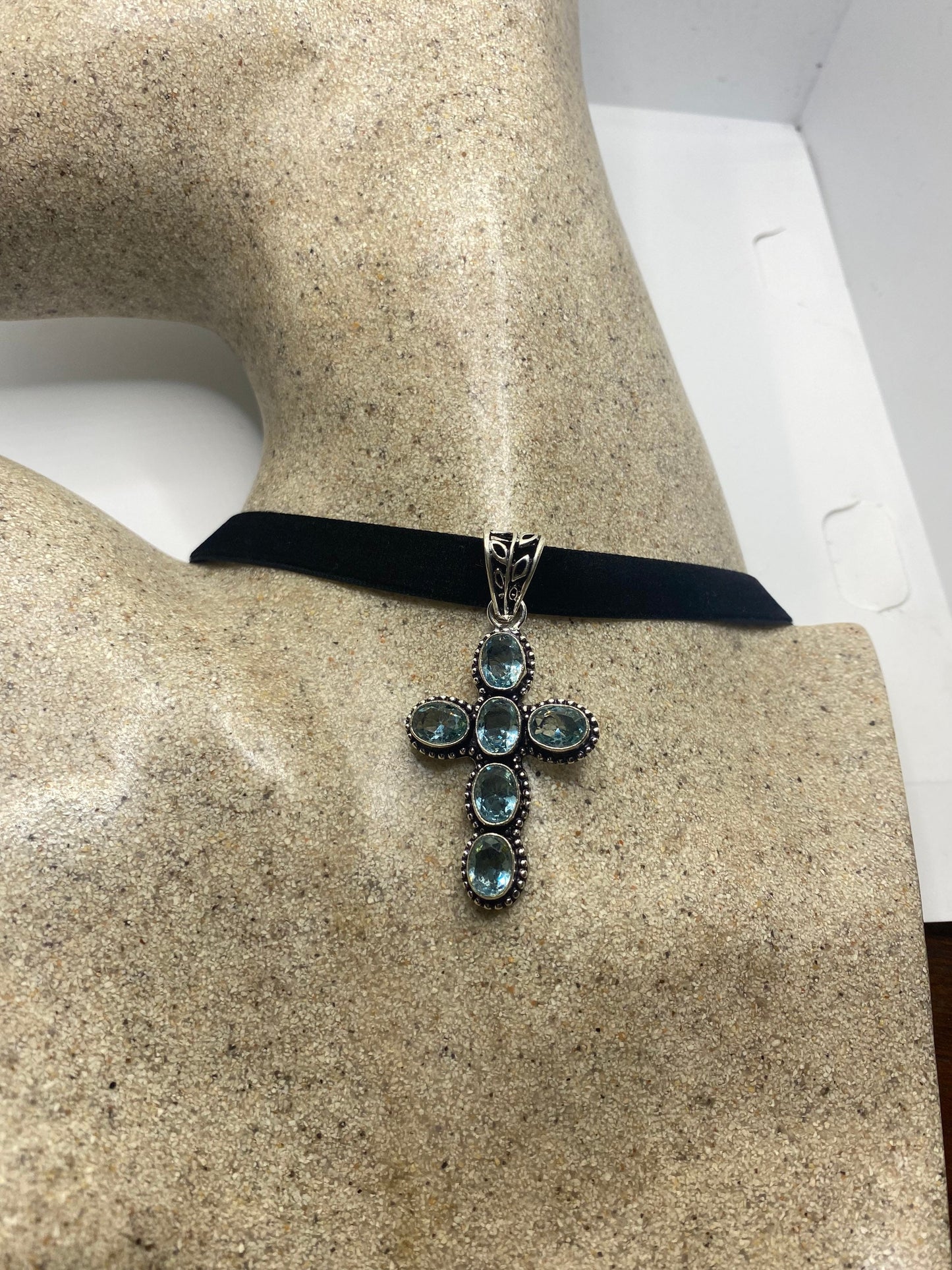 Vintage Blue Topaz Cross Choker Black Velvet Ribbon Pendant
